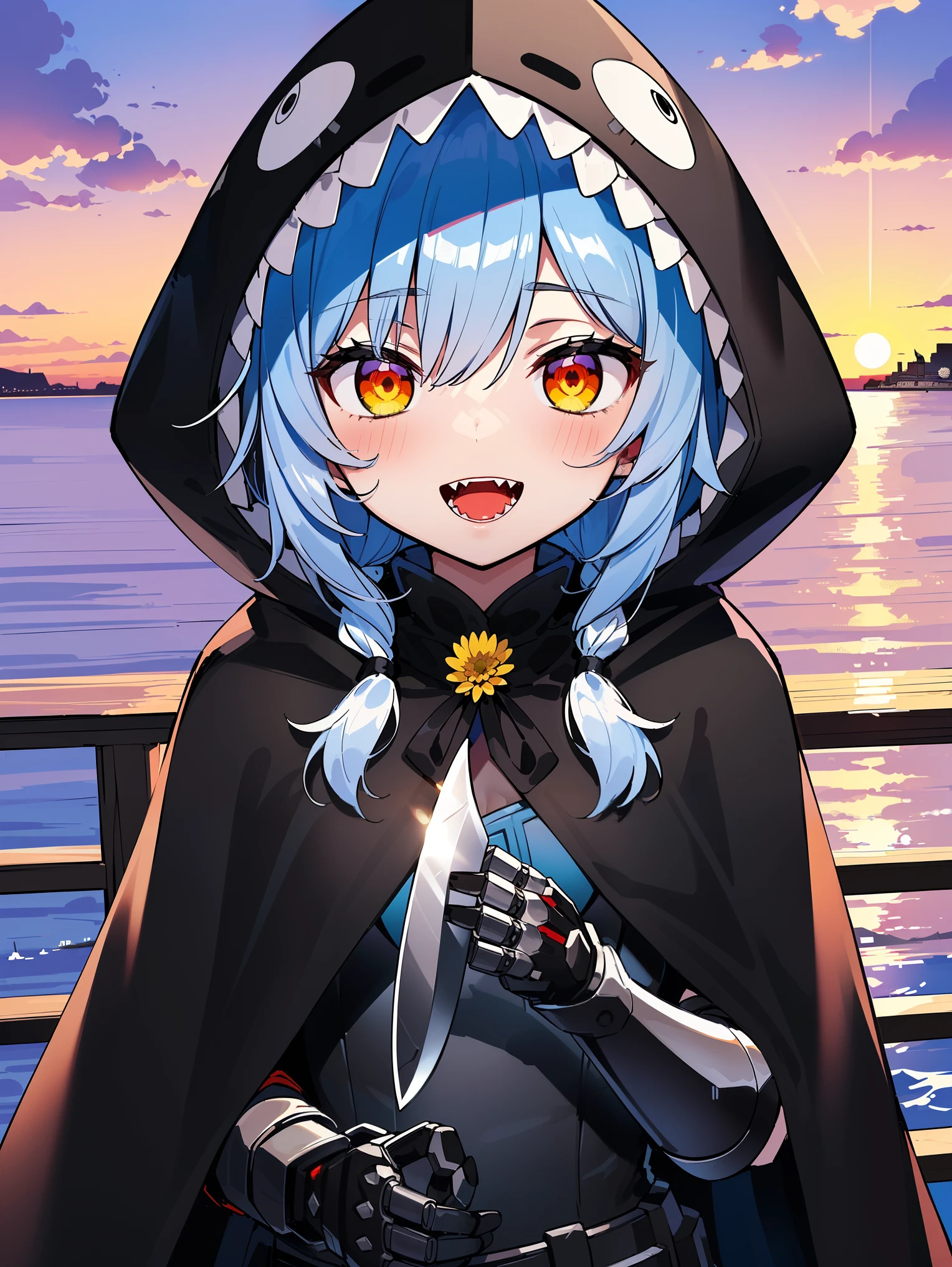 《masterpiece》, 《best quality》,
《ultra-detailed》,
1girl, eccentric, 'A girl fused with a tyrannosaurus', Blue hair color, '(((dreadlocks hair)))', '((red glowing eyes))', '((Blue metallic exoskeleton))', '((Augmented Cyborg))', '((shark-like teeth))', '((open mouth))', '((crazy smile))', ferocious personality, '((not smiling))', '(((guillotine)))', '(((Guillotine motif)))'
'(((guillotine)))', '(((Her arm is a giant knife)))', '(((Giant machete)))', '((she is composure))',
'(((((black bouquet)))))', '(((((white chrysanthemum)))))',
'(((((wear a black cloak, hood)))))',
'(upper body angle)'
'((cowboy shot))'
'((((watching the sunset))))', '((((sunset))))', '((((coastline))))', '((((seaside))))',