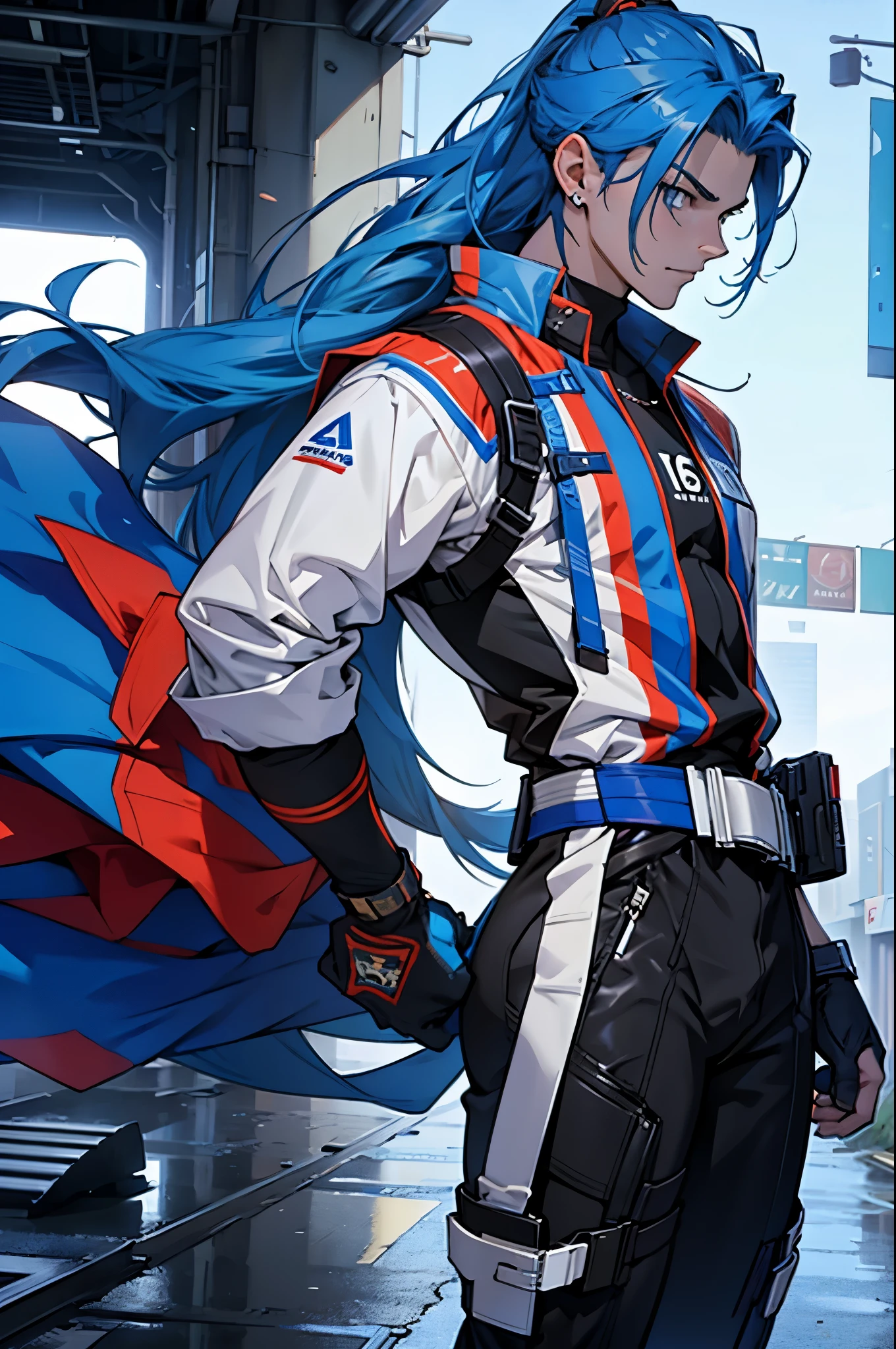 4k, Super Graphics, boy, solo, blue hair, long hair, (crazy look), official costume, 20 years old, lean, 160 cm height
