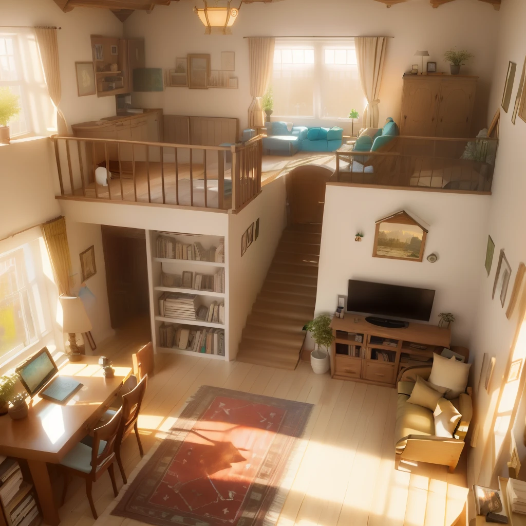 Araf view of living room with stairs and desk, realistic room, Photo of the attic in the morning, inside a cozy apartment, Realistic 3D style, Highly realistic concept art, cozy room, Studio Ghibli's bedroom, Surreal concept art, architectural visualization, house interior, By senior environment artist, cozy place, beautifully detailed render, Very detailed