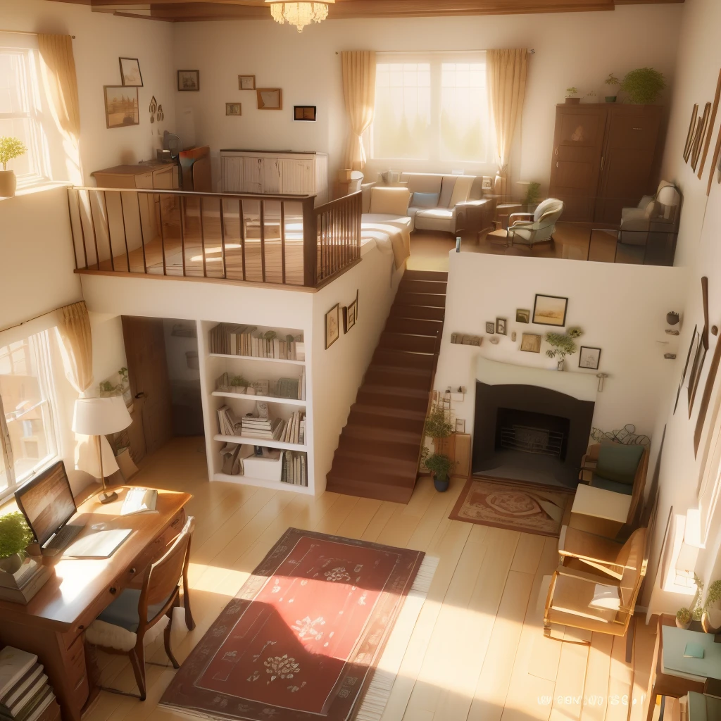 Araf view of living room with stairs and desk, realistic room, Photo of the attic in the morning, inside a cozy apartment, Realistic 3D style, Highly realistic concept art, cozy room, Studio Ghibli's bedroom, Surreal concept art, architectural visualization, house interior, By senior environment artist, cozy place, beautifully detailed render, Very detailed