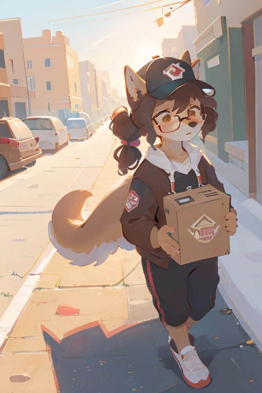 1girl, furry, anthro, canine, dog, poodle, female, dog_ears, curly_hair, black_fur, brown_fur glasses, delivery_driver, baseball_cap ponytail, sidewalk, delivering package, tired, brown_uniform, scooter, breasts_rest topless, breasts on package, package blushing breast_grab holding_box fish_eye_view, smart_doorbell view, porch standing_in_doorway, standing outside