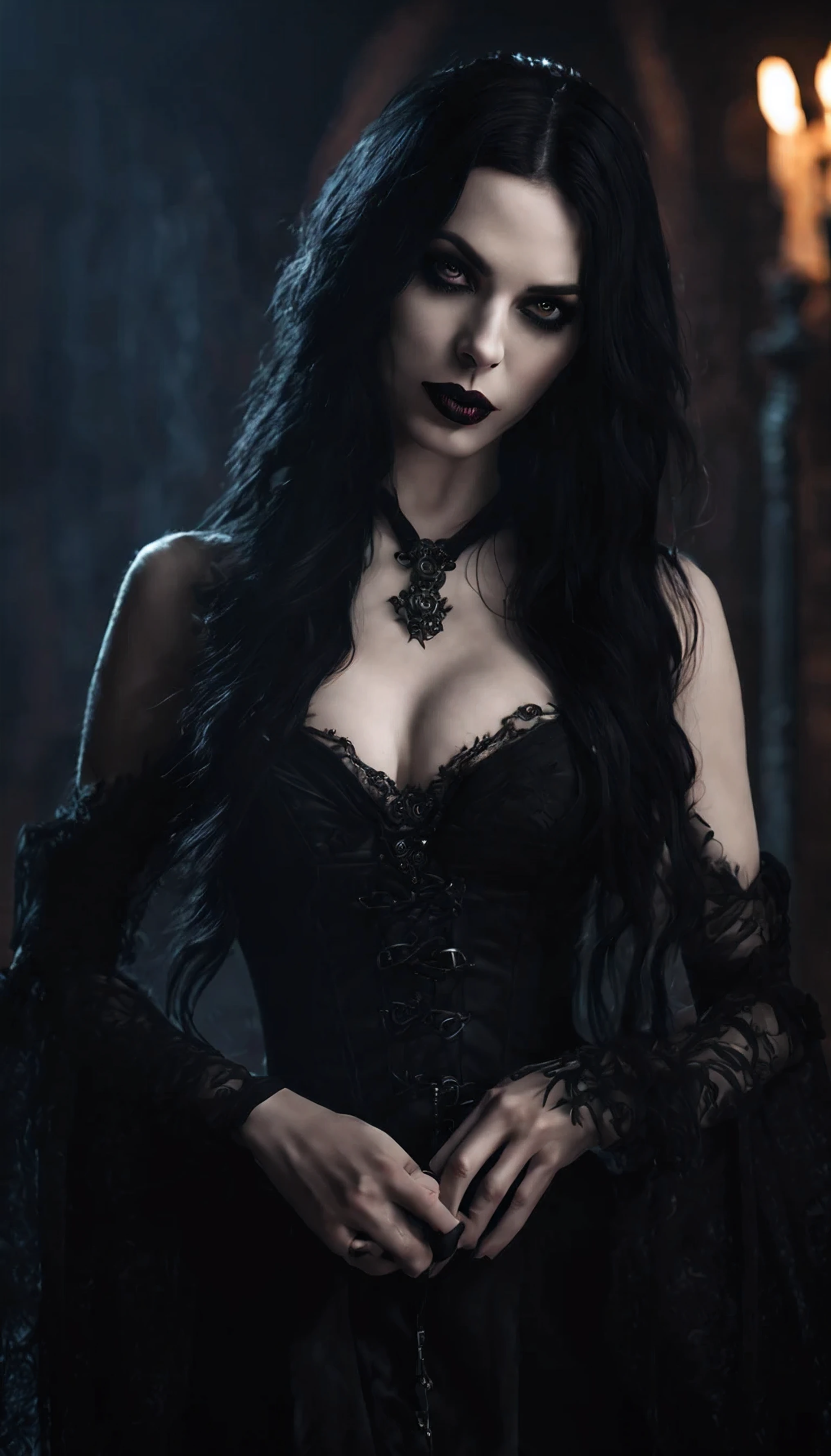 seductive vampire woman, busty and long black hair, realism, pale skin, sharp fangs, dark eyes, loose hair, Gothic attire, Canon,4K, mysterious, sinister, horror, Gothic, High 8K Image Quality, detailed image 16K.