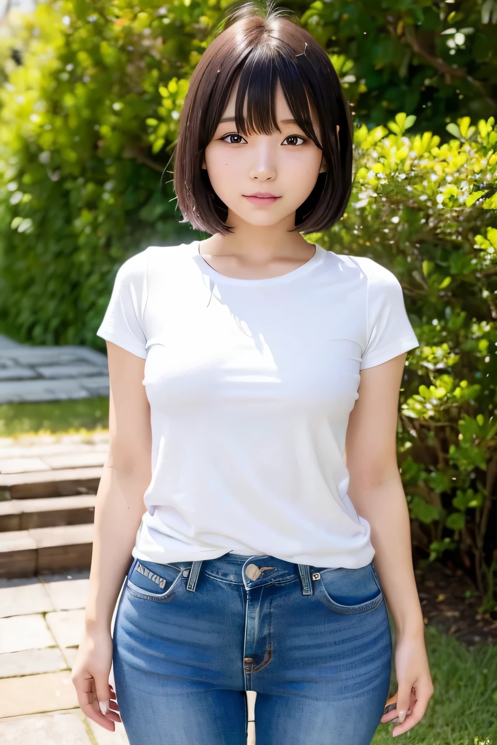 (narrow eyes:1.4), frontal shot , From the middle , (black eye), (japanese woman), 1 girl, (small eyes:1.4), very beautiful 17 year old girl, beautiful breasts:1.5, (highly detailed eyes:1.2), (beautiful breasts:1.1), short hair, bangs, (thick legs, huge hips, thick thighs), perfect skin, Fair skin, tight waist, light blush, alone, looking at the viewer, light smile, (White Round Neck T-Shirt), ( Blue Short Jeans:1.2)
