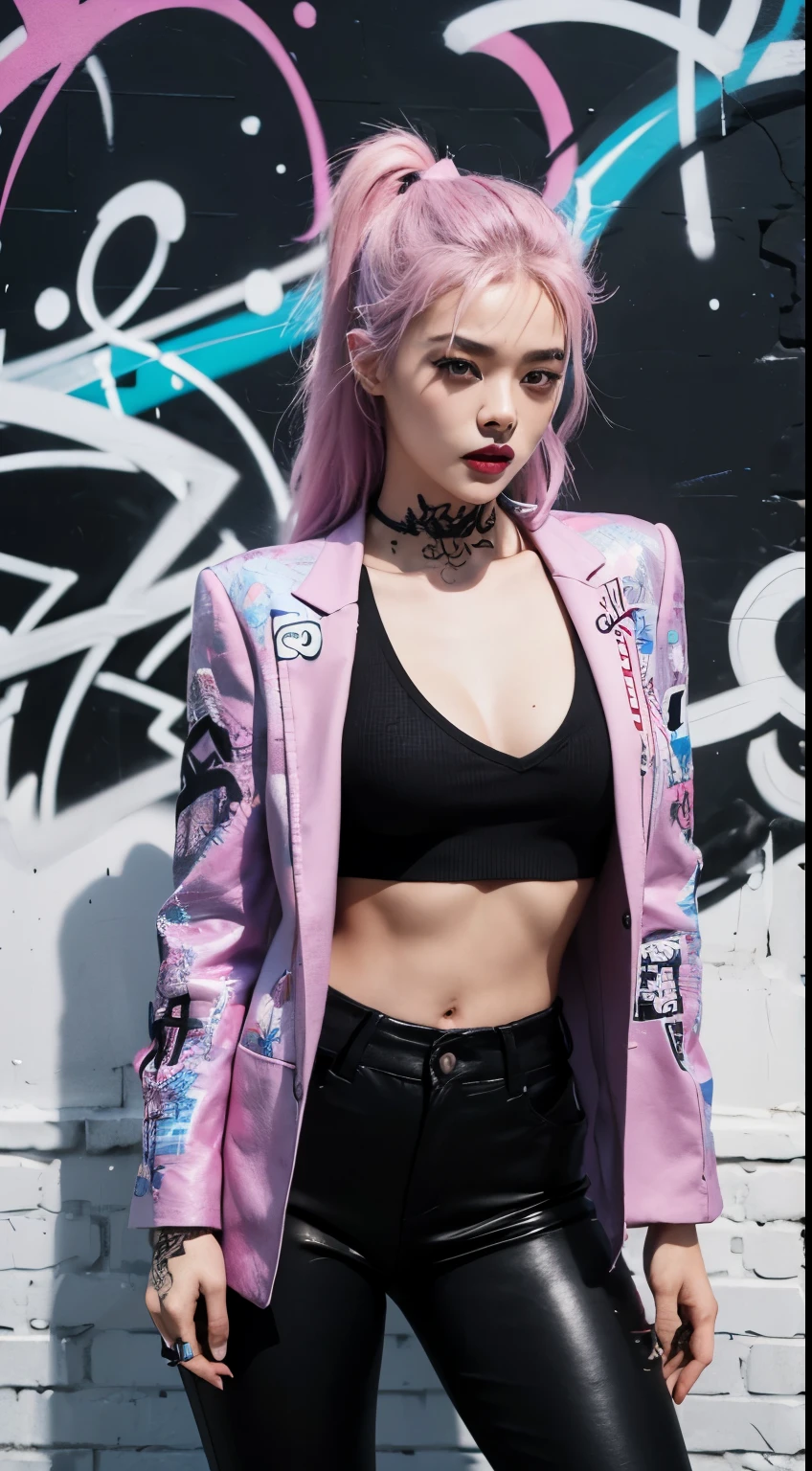 Realistic skin, best quality, Clarity, 4k, 8k, detail, actual, tattoed Girl, Korean makeup, black lips, pink and blue medium mullet hair, Perfect six pack body, stand, pose standing, medium chest, dark blazer top, black legging Pants, Solid graffiti wall background, Graffiti art,