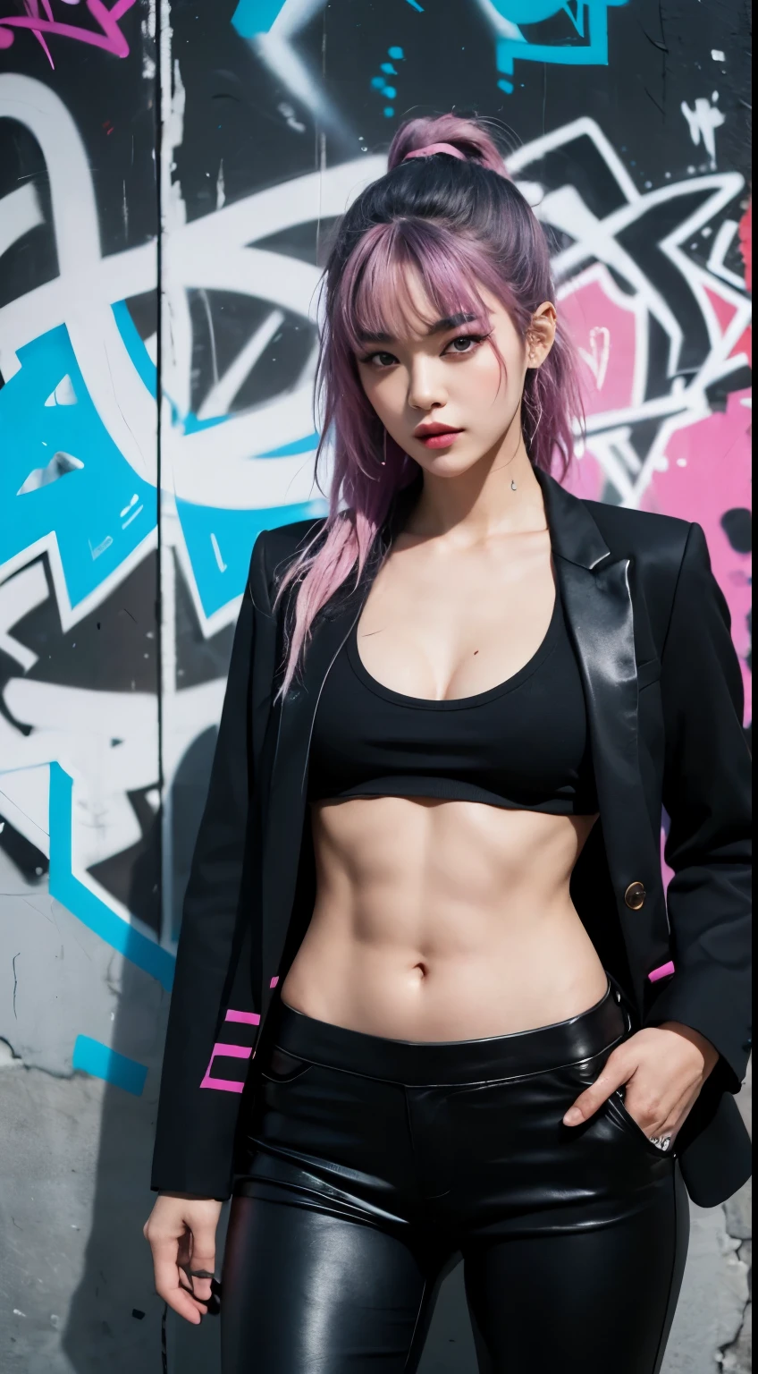 Realistic skin, best quality, Clarity, 4k, 8k, detail, actual, tattoed Girl, Korean makeup, black lips, pink and blue medium mullet hair, Perfect six pack body, stand, pose standing, medium chest, dark blazer top, black legging Pants, Solid graffiti wall background, Graffiti art,
