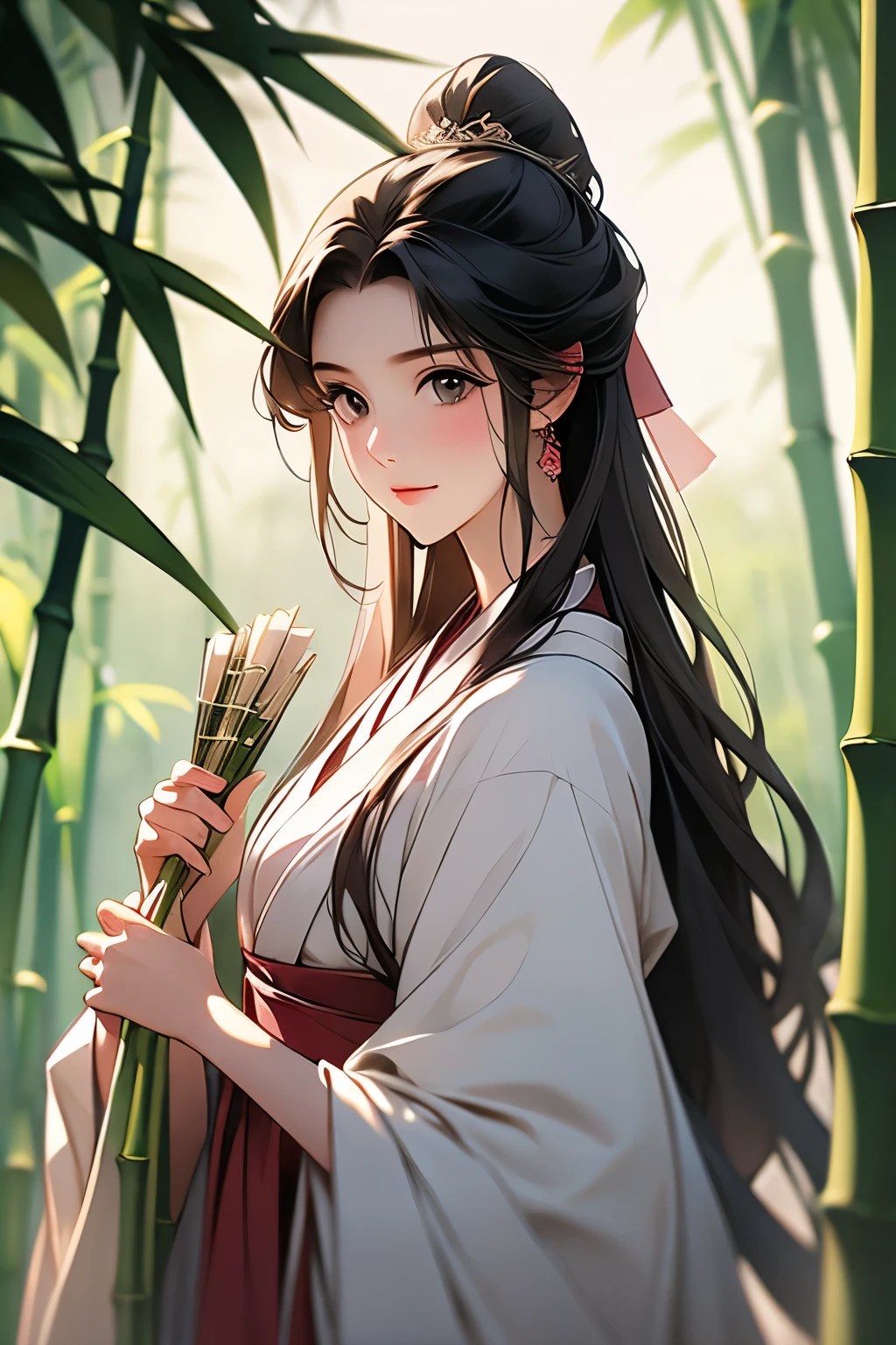 girls,smart face,Pink Hanfu,Holding a scroll of bamboo slips in hand