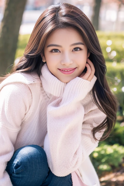 A beautiful woman with perfect eyes and nose、beauty like a model、cute like a model、eyes are double、How to use regular mascara、eye color is blue、hair color is pink、her face is delicate and elegant.、8k images、Beautiful style like a model、Normally large、A refreshing and lovely smile、pose like a model、Overall image、snap shot、Glamaloid Smile、Beautiful and delicate face like a model、highest quality、Masseter muscle part、cute smile、 atmosphere、elegant beauty、Going outside in winter、white down jacket、sexy red miniskirt、