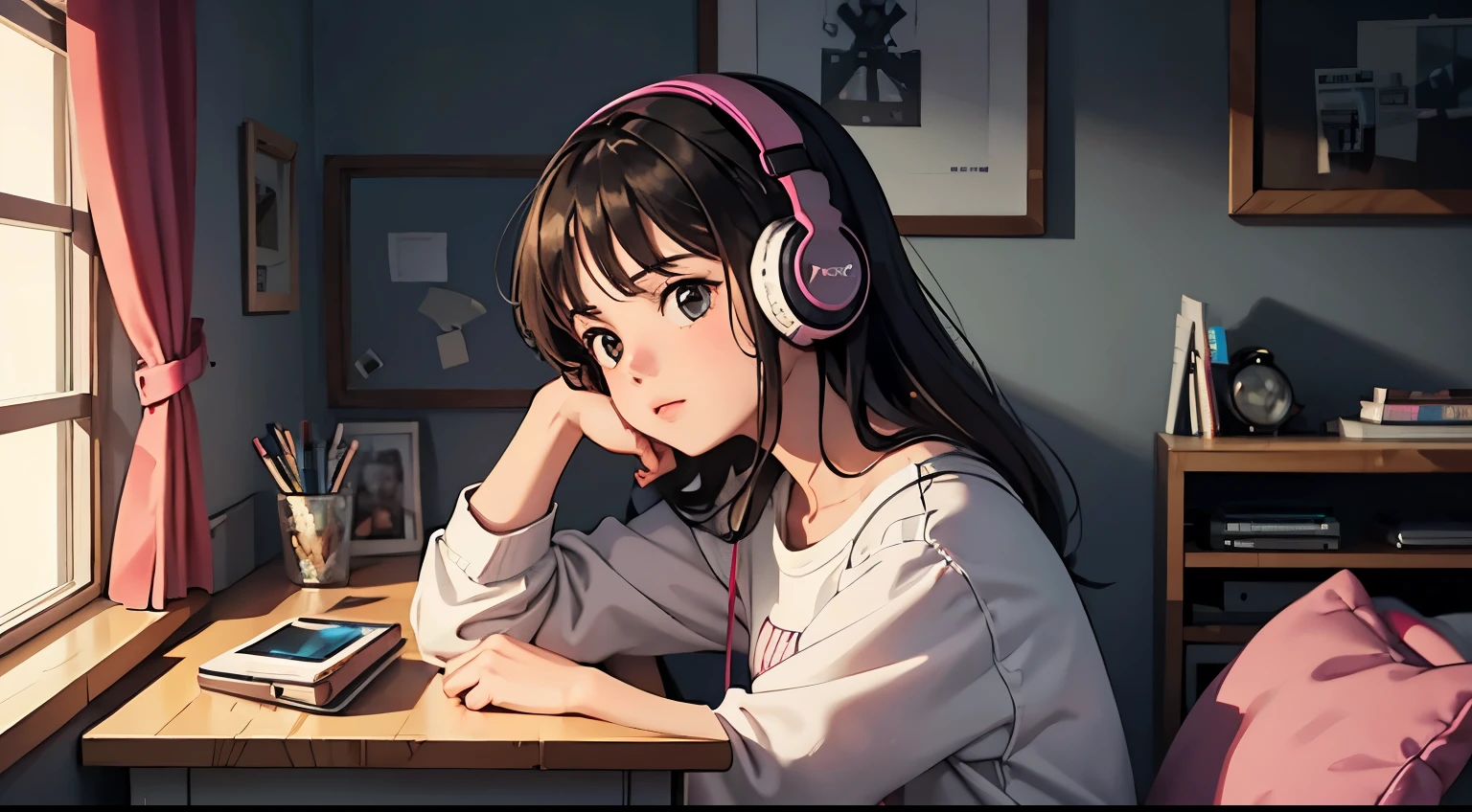 young girl, sitting at her desk, using gamer headphones, in her room, doing homework, next to a window, dimly lit room, it's night, high detail content, 8k, lofi style