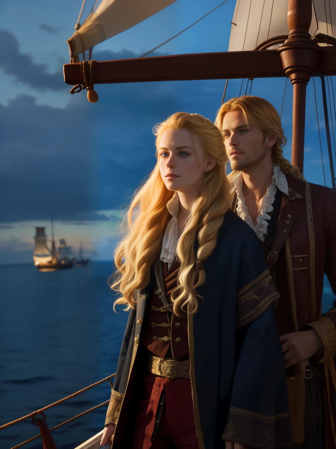 a young male pirate and a young girl stand on a sailing ship, (20-25 years), The girl has long blonde hair, the man has dark hair, Like a still from a movie, Highest quality, masterpiece, detailed faces