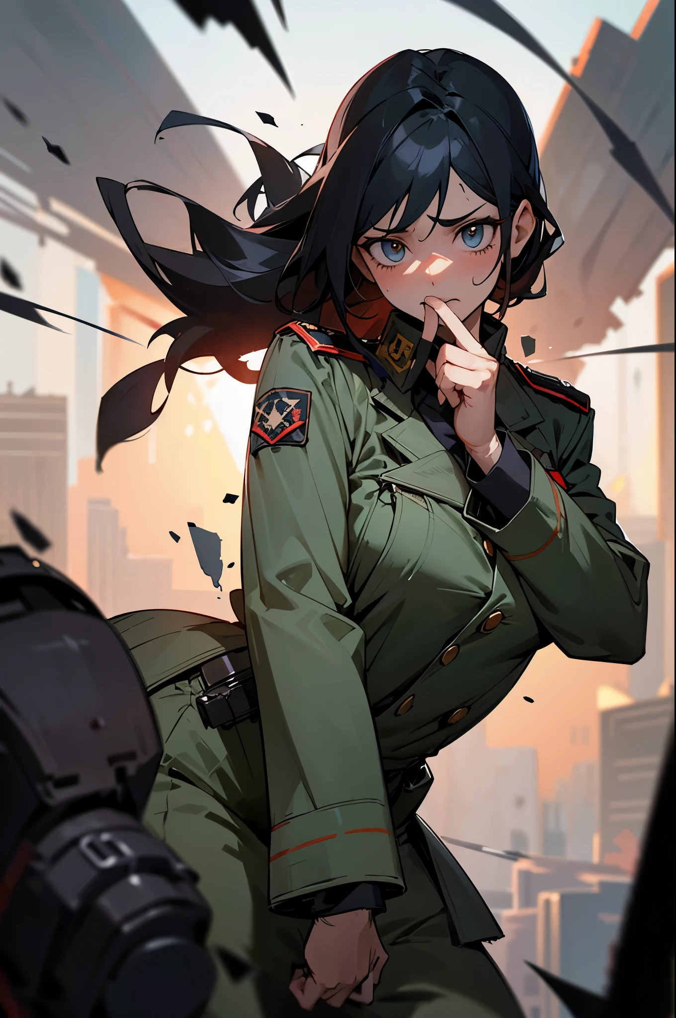 Amidst the ruins of a failed mission, a figure stands, her face contorted with disappointment and shame. Her hair, once pristine and perfectly in place, is now disheveled and matted with sweat. She is dressed in a military uniform, the fabric of which is now torn and singed from the explosion. In her hand, she clutches a detonator, her eyes fixed on it with a determined expression. The air around her crackles with tension as she takes a deep breath, her cheeks flushing with embarrassment and resolve. With a quiet sigh, she raises the detonator to her mouth, her lips pressed tight to keep from uttering a final plea for forgiveness or