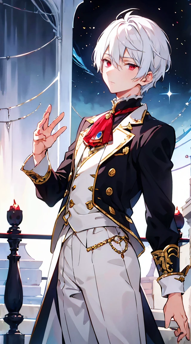 1boy,solo,   white hair, short hair, red  eyes,  Wear Rococo prince , white skin, rococo style prince. Shota, Hair covers a small part of the eyes, handsome, Cold appearance. Cool, handsome 