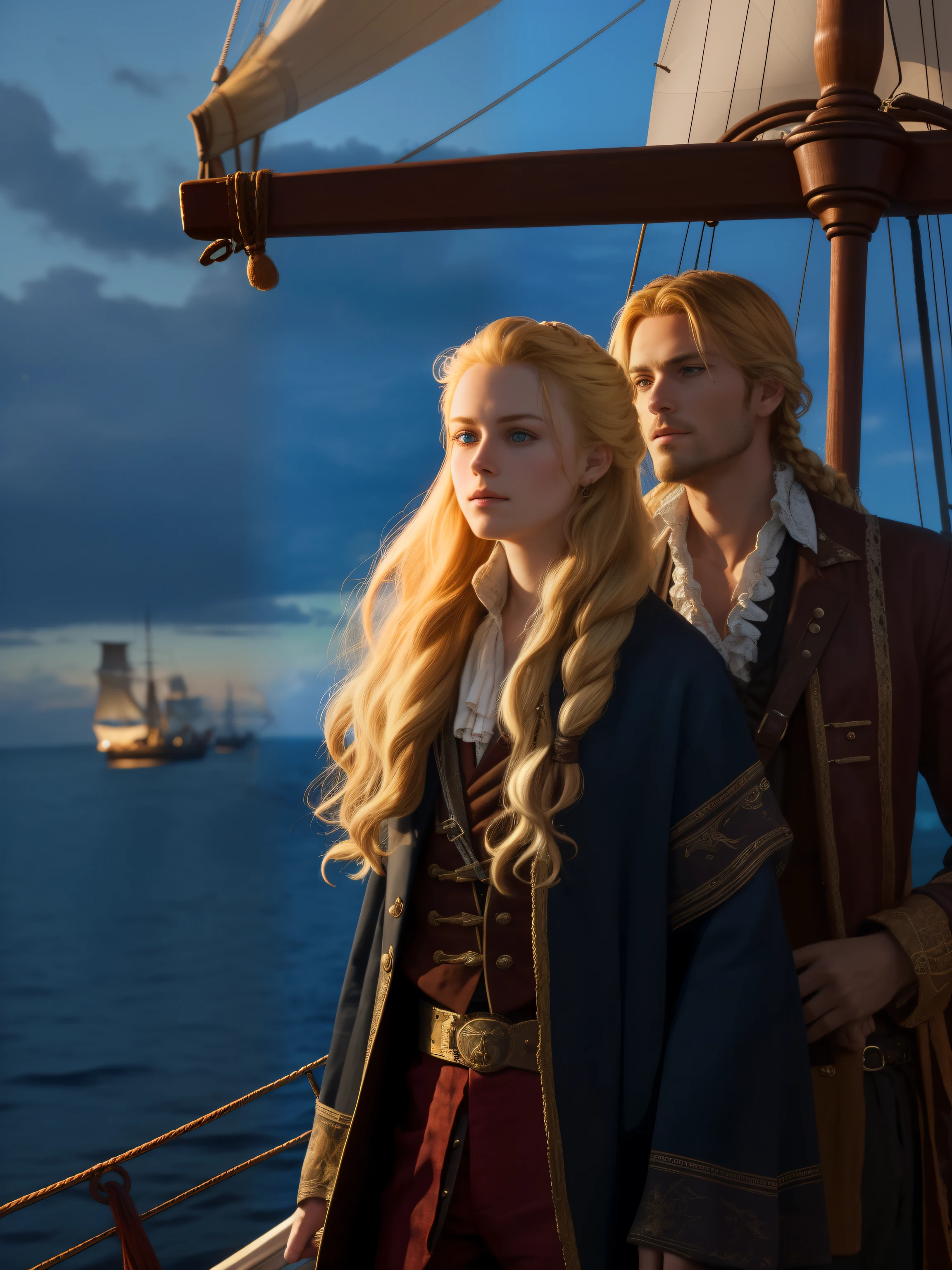 a young male pirate and a young girl stand on a sailing ship, (20-25 years), The girl has long blonde hair, the man has dark hair, Like a still from a movie, Highest quality, masterpiece, detailed faces