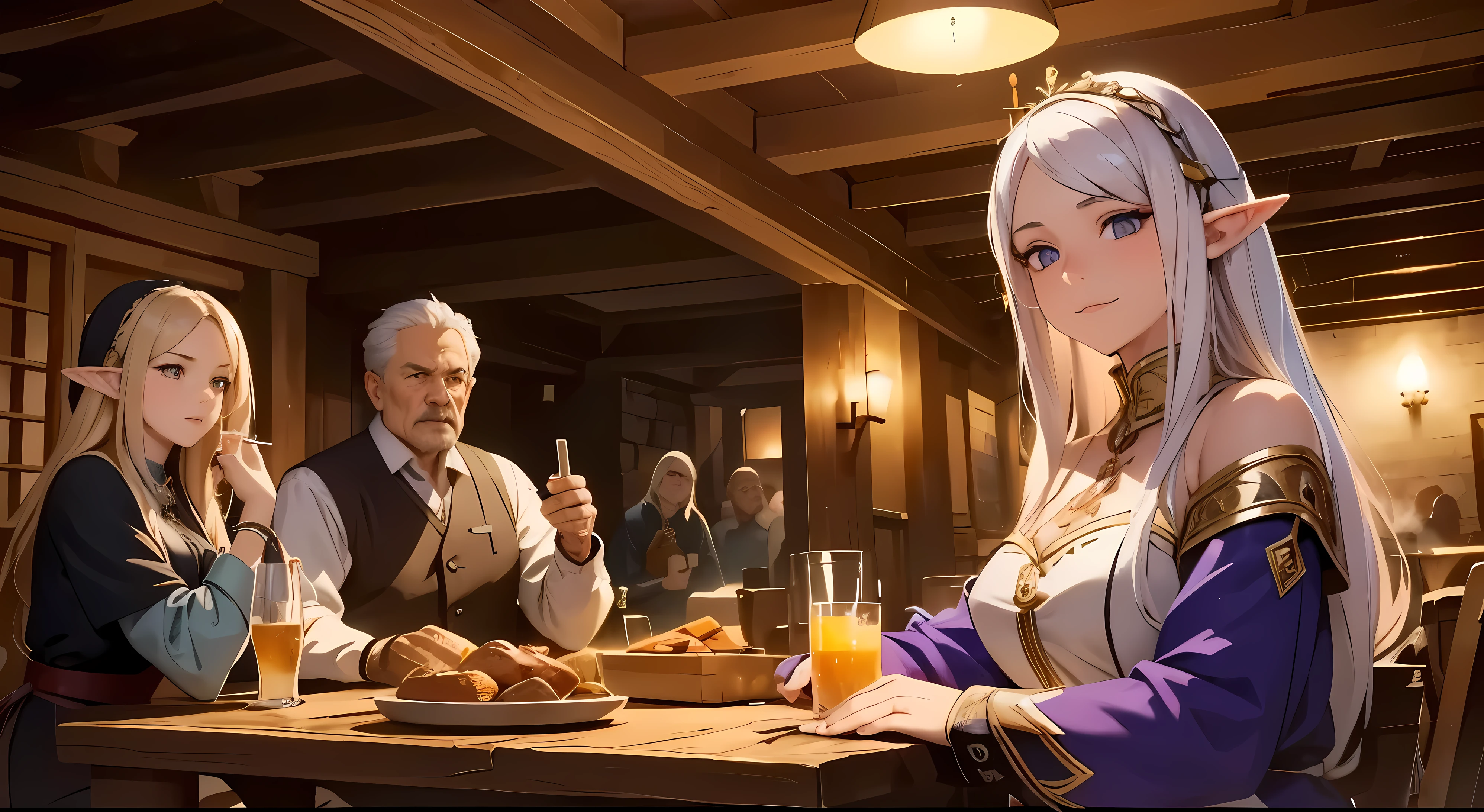 Imagine a bustling medieval tavern nestled within a fantastical realm. The air is filled with the warm glow of flickering candlelight, and the aroma of hearty stews and roasted meats wafts through the air. Your task is to capture the lively atmosphere of this bustling establishment, teeming with a diverse array of characters engaged in various activities. on that crowd theres a group of people. consisting of young women sitting while talking and holding drinks wearing middle-aged clothes, next to them there is an old man with wrinkles on his face wearing suit who is smoking Opposite them on same table there was a very beautiful elf girl with long white hair wearing luxurious purple clothes similing while holding a drink. make sure to keep using the initial reference and just improve the image, make the image better and blend with the atmosphere of the tavern, improve image, clear face, highest quality, best quality, official art, masterpiece, 4k, perfect anatomy, good anatomy. make the face are clear, refine all object and subject but dont change anything. Make sure the face is clear and the eyes, nose and mouth are in the proper place and can be seen clearly, if it is blurry or not clear, please clarify it