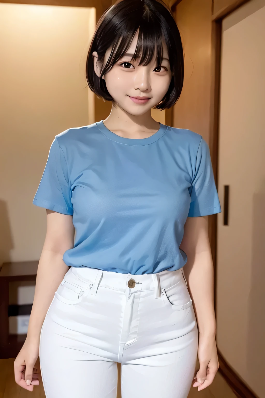 (narrow eyes:1.4), frontal shot , From the middle , (black eye), (japanese woman), 1 girl, (very small eyes:1.4), very beautiful 17 year old girl, beautiful breasts:1.5, (highly detailed eyes:1.2), (beautiful breasts:1.1), short hair, bangs, (thick legs, huge hips, thick thighs), perfect skin, Fair skin, (white teeth), tight waist, light blush, alone, looking at the viewer, Dazzling smile, (White Round Neck T-Shirt), ( Blue Short Jeans:1.2)
