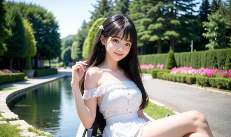 actual, photo actual:1.37), Extremely ridiculous, (Extremely detailed:1.3), 8k, (masterpiece), (best quality:1.4), (ultra high resolution:1.2), (original photo:1.2), (unified 8k wallpaper), 1 nogizaka girl, very cute, (beautiful girl:1.35), (18 years:1.4), ((Alice and fashion)), Exquisite and beautiful face、Eyes and skin, Red rose hair ornament, intricately detailed white dress,white skirt, medium breasts, Double tail, detailed black shine hair, smile for camera, Petit Trianon Garden, Check out the village and the lake, Super detailed background, professional lighting