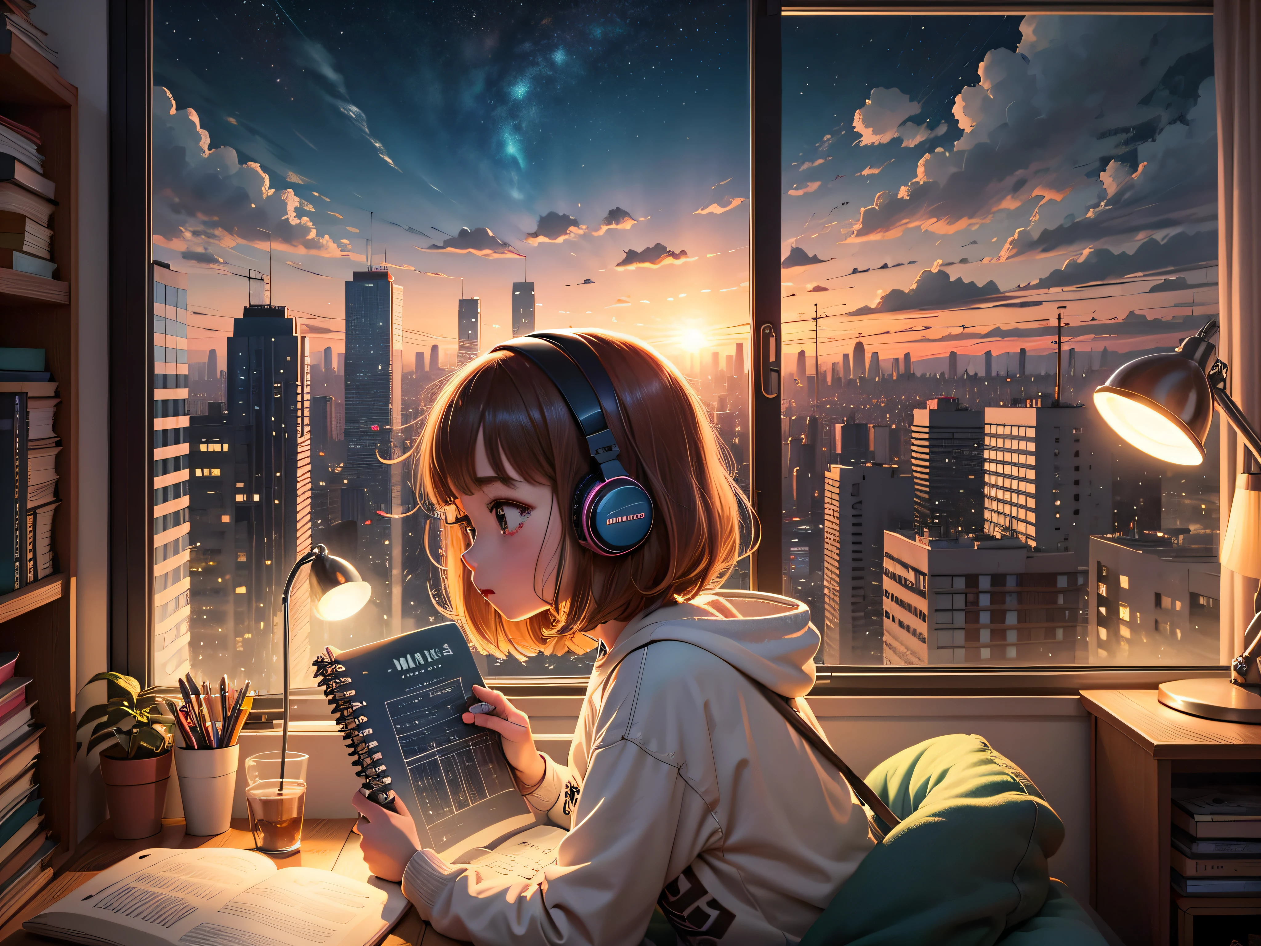 Lofi Music Anime Illustrations, uma em um quarto estudando, com livros, um notebook com uma pela vista de uma cidade a noite , listening to music while conceiving in studies, uma atmosfera agradavel e um pouco escuro o quarto --aut --auto