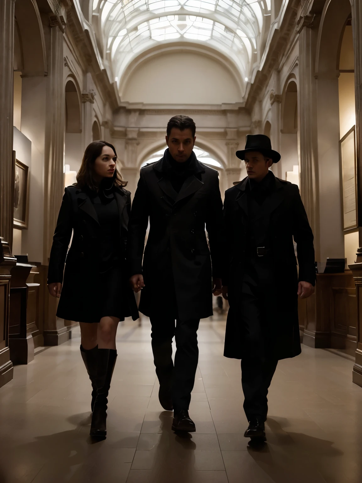 Generate an atmospheric image of the trio—Detective Hartley, Evelyn Harper, and Victor Sinclair—venturing into the British Museum. Capture the tension in the air as they navigate dimly lit halls, their silhouettes cast against ancient artifacts and mysterious shadows. (2 male 1 female)