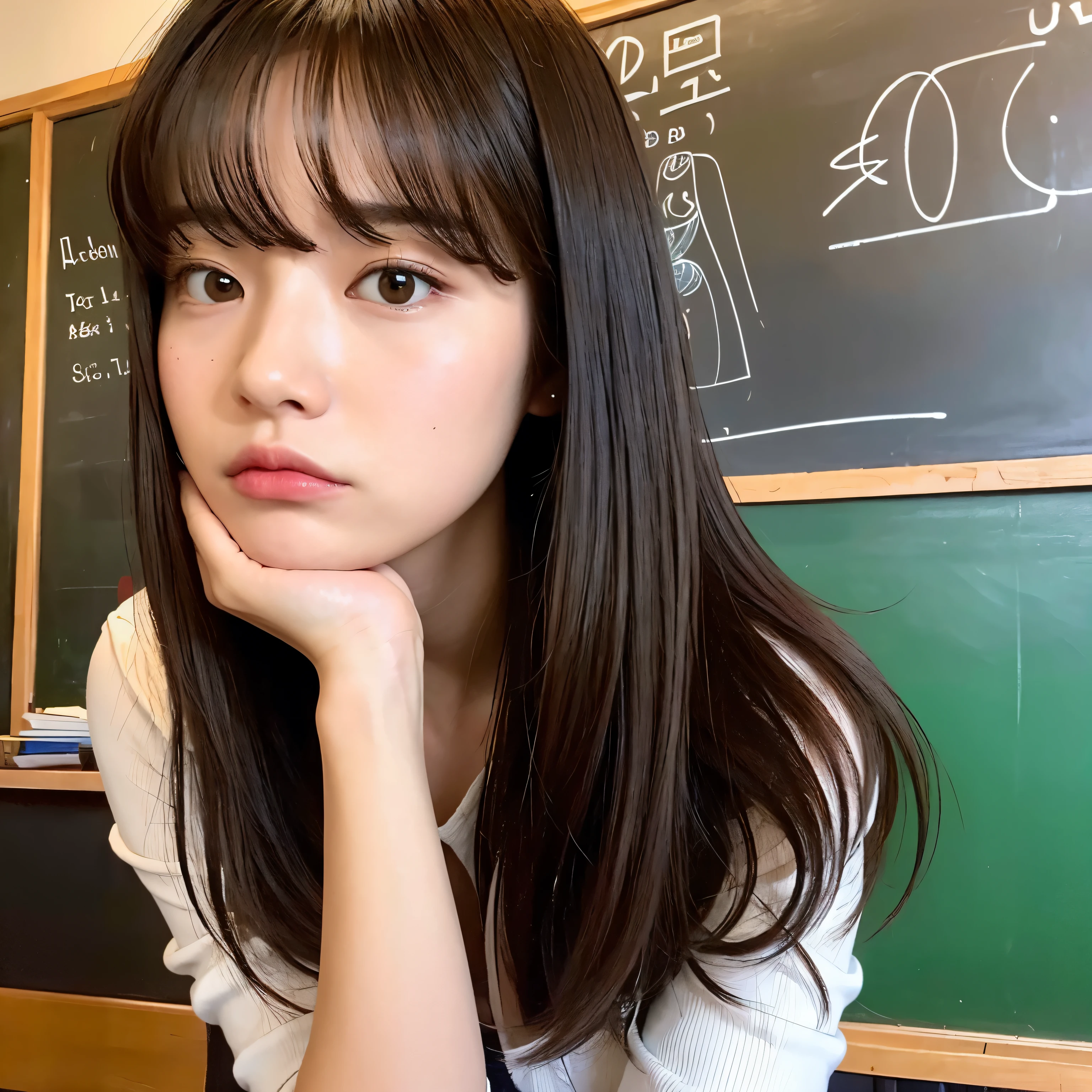 ((masterpiece:1.4)),(highest quality:1.4),(photo-realistic:1.1),(RAW photo),Put your chin on your hand,high school girl,girl erasing the blackboard,very cute, ((irritated expression)),fine eyes, ,double eyelid, 16 years old ,Beautiful eyes in every detail, (A blackboard with many things written on it),thin,whiten skin,long hair, Put your chin on your hand,Bobs with bangs,classroom,high school girl
