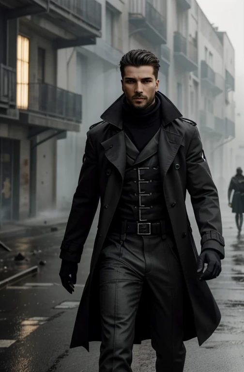 représentation réaliste d'un homme cyberpunk marchant vers la caméra, avec une foulée forte et confiante, porter un trench-coat futuriste, améliorations cybernétiques visibles sur ses bras et son visage, et un paysage urbain avec d'imposants bâtiments éclairés au néon en arrière-plan, (dystopique:1.2), (cadre granuleux et industriel), (éclairage dynamique), (attention aux détails réalistes)