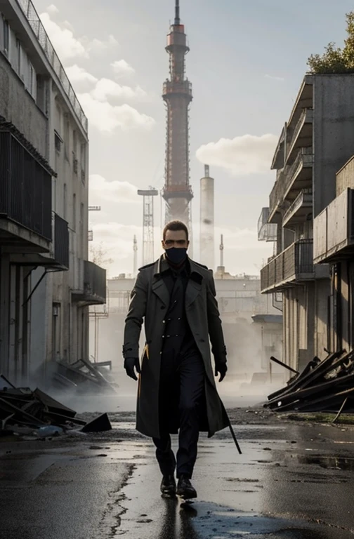 représentation réaliste d'un homme cyberpunk marchant vers la caméra, avec une foulée forte et confiante, porter un trench-coat futuriste, améliorations cybernétiques visibles sur ses bras et son visage, et un paysage urbain avec d'imposants bâtiments éclairés au néon en arrière-plan, (dystopique:1.2), (cadre granuleux et industriel), (éclairage dynamique), (attention aux détails réalistes)