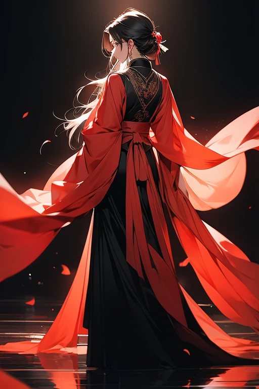 one person,Black and red Hanfu,Long black hair draped loosely,back view