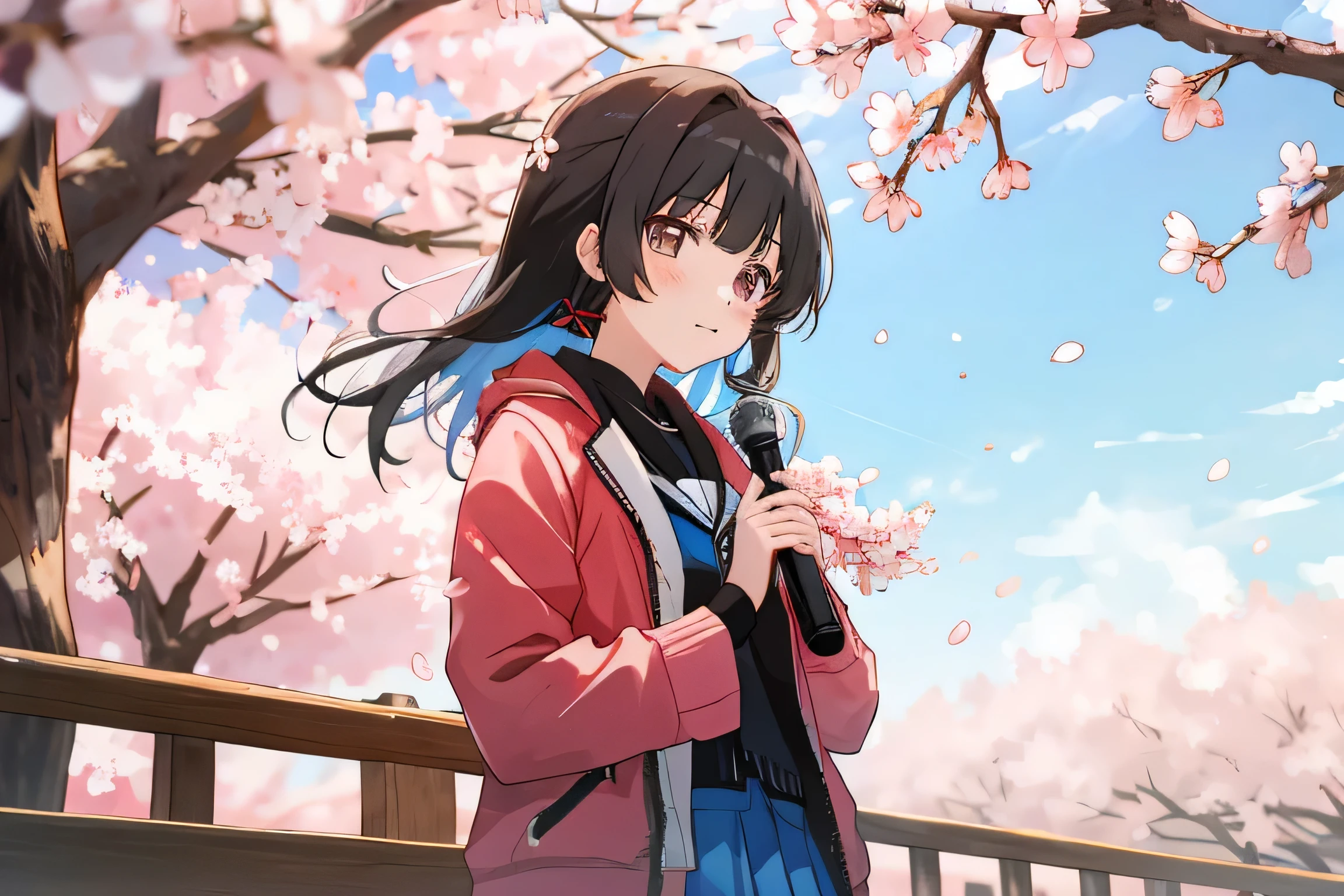 1girl, kamisato ayaka, cherry blossoms, looking at the audience, blue sky