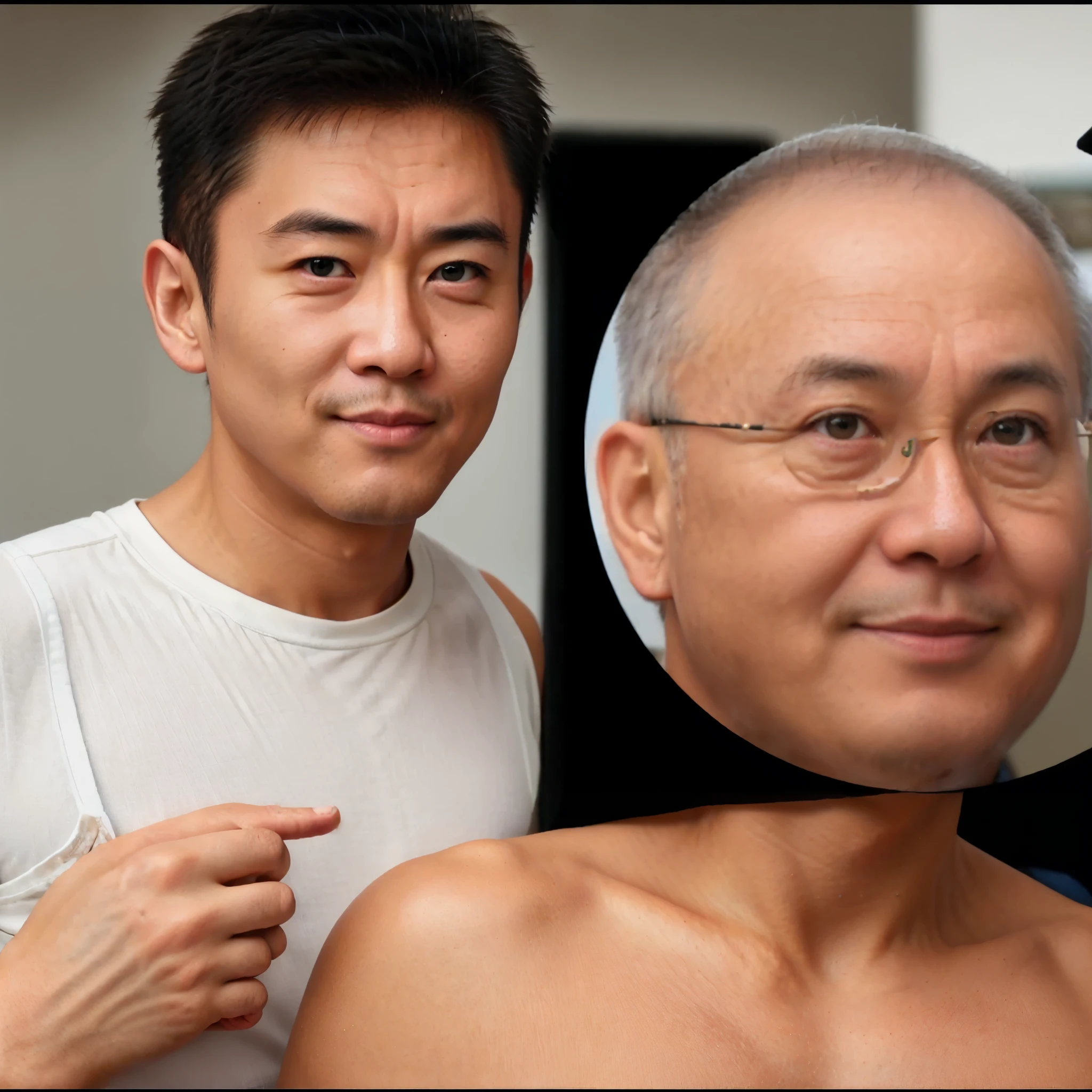 Unprecedented old man Shiro Sato、Tank top、Smartphone in one hand