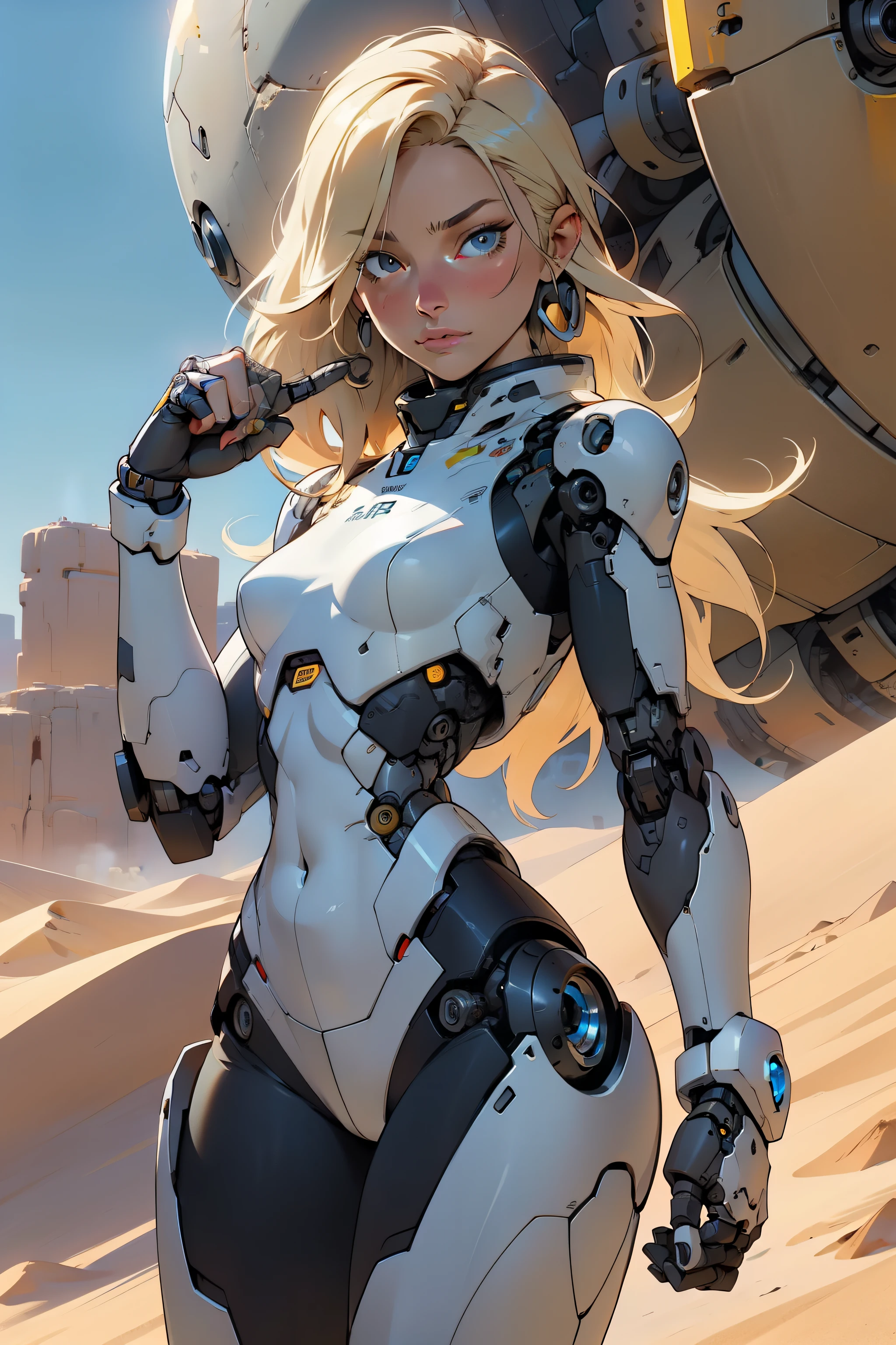 high quality, 4k, masterpiece, beautiful, cyborg girl, cowboy shot, dull eyes, looking at viewer, long blonde hair, girl, small breasts, fit thigh, robotic arms, robotic body, cyborg body, yellow accent, intricate detail, joint, detailed lines, robotic detail, holding fist up, holding hand up as fist, color robotic parts, robotic parts with color, perfect fingers, on a desert planet, sunny background, colorful desert,