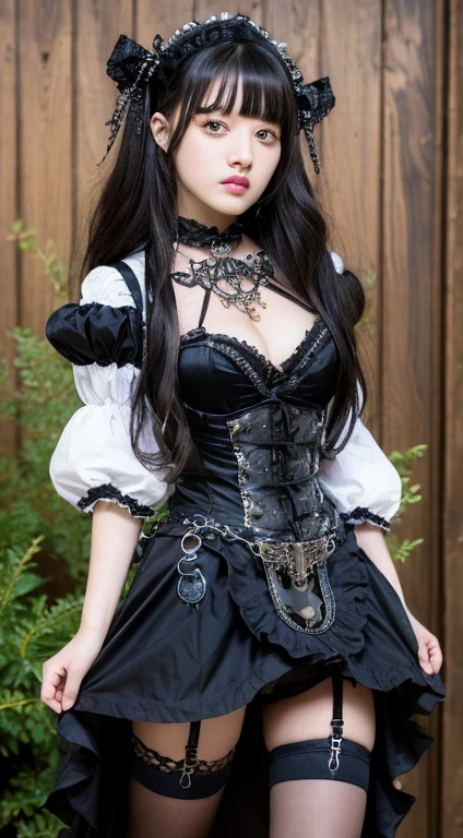(((Masterpiece, top quality, ultra-detailed))), (((1 Infinity Mage Girl))), 18 years old, (((very detailed face))), small thin nose, small thin-lipped mouth, (((very sharp focused eyes))), very large slit precision pale grey eyes, sparkling like jewels. Very long eyelashes, long black hair in black vertical curls, with fringes, ((Steampunk fashion, Gothic ta fashion)) full body, large breasts steampunk lingerie stocking with suspenders
