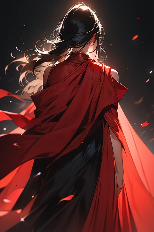 one person,Black and red cape,Long black hair draped loosely,back view