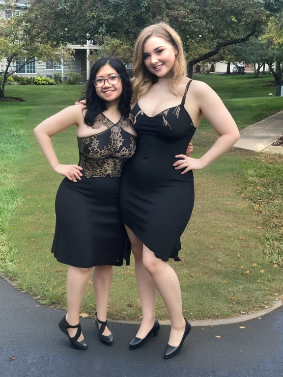 two women standing next to each other in a park, ruan jia and mandy jurgens, wearing a formal dress, wearing a cocktail dress, wearing a black dress, ayami kojima and lyde caldwell, waist high, wearing dresses, profile picture, in the background, formal attire, two girls, wearing black dress, wearing a dark dress, thick thighs, wide hips, Big tits, huge tits, no clothes, sexy, cute, minimal clothes, thick, bbw, chubby stomach, thick nipples, nipple piercings, large areola, hard nipples, piercing through shirt, nipples hard through shirt, busty, major cleavage, naked, ripping through top,  spilling over sides, bra too tight, giant tits, extra wide hips, upper body zoom in, showing off huge tits, fat stomach, see through top, fat bbw, large areola showing