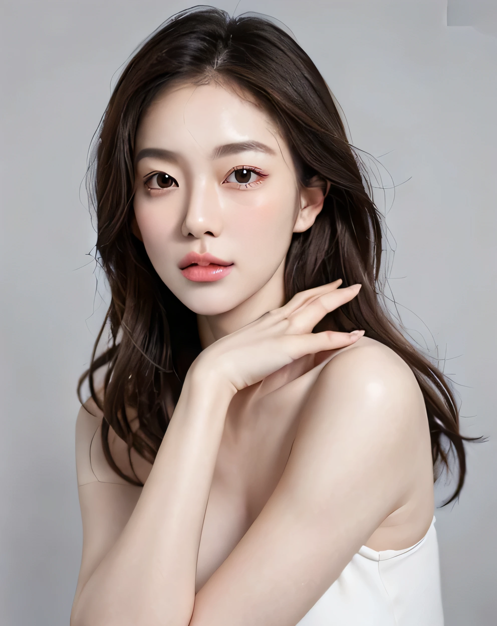 korean girl, very beautiful face, (photo realistic:1.4),(masterpiece, 4K, best quality, ultra detailed),studio shoot,pictorial,photography,realistic eyes, Ultra-Detailed Face, Detailed Lips, normal hand, glossy lips, glossy face, simple background ,pale milky white porcelain skin, smooth translucent white skin, photoshoot for skincare brand, woman with porcelain skin, diffused natural skin glow, smooth porcelain skin, translucent white skin, jen yoon, clean face and body skin, skincare, white porcelain skin