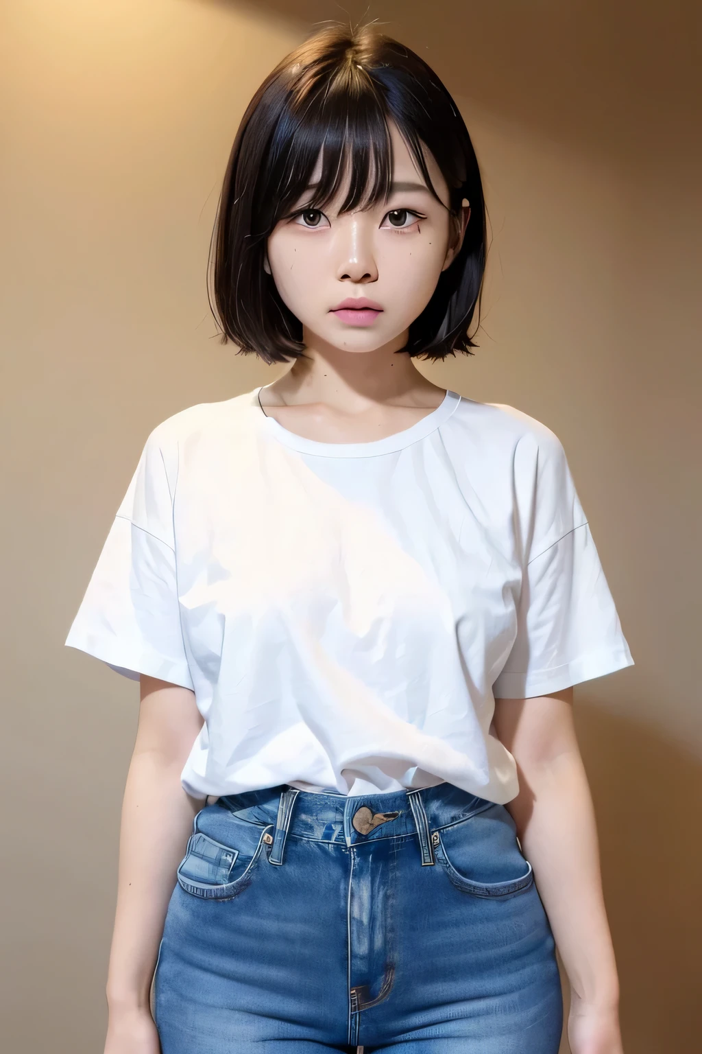(narrow eyes:1.4), frontal shot , From the middle , (black eye), (japanese woman), 1 girl, (very small eyes:1.4), very beautiful girl, beautiful breasts:1.5, (highly detailed eyes:1.2), (beautiful breasts:1.1), short hair, bangs, (thick legs, huge hips, thick thighs), perfect skin, Fair skin, (white teeth), tight waist, light blush, alone, looking at the viewer, look of despair, (I almost cry:1.4), (White Round Neck T-Shirt), ( Blue Short Jeans:1.2)