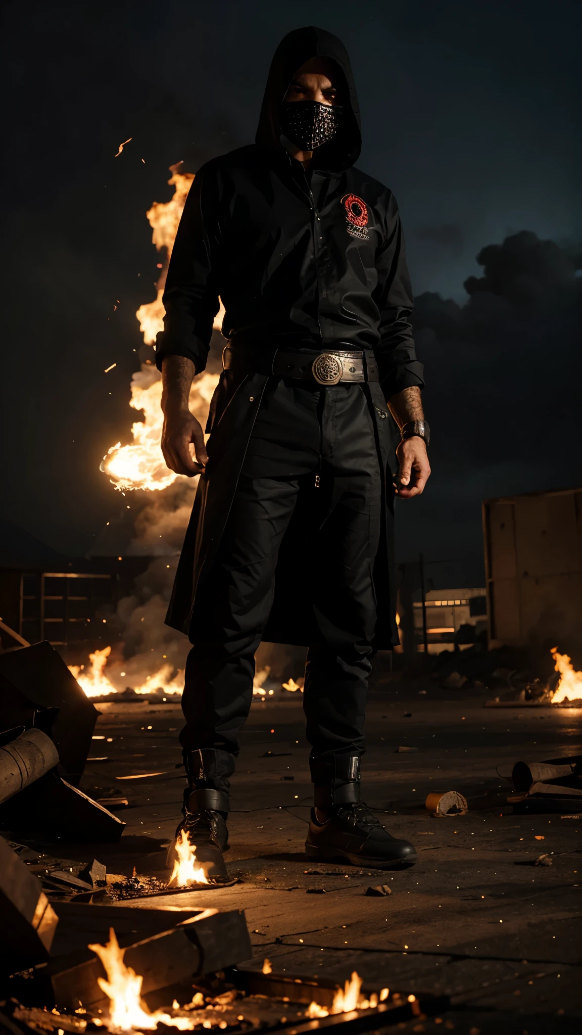 Dajjal,Scary,Big like a giant,Fire filled city background,Ultra detailed,Realistic.