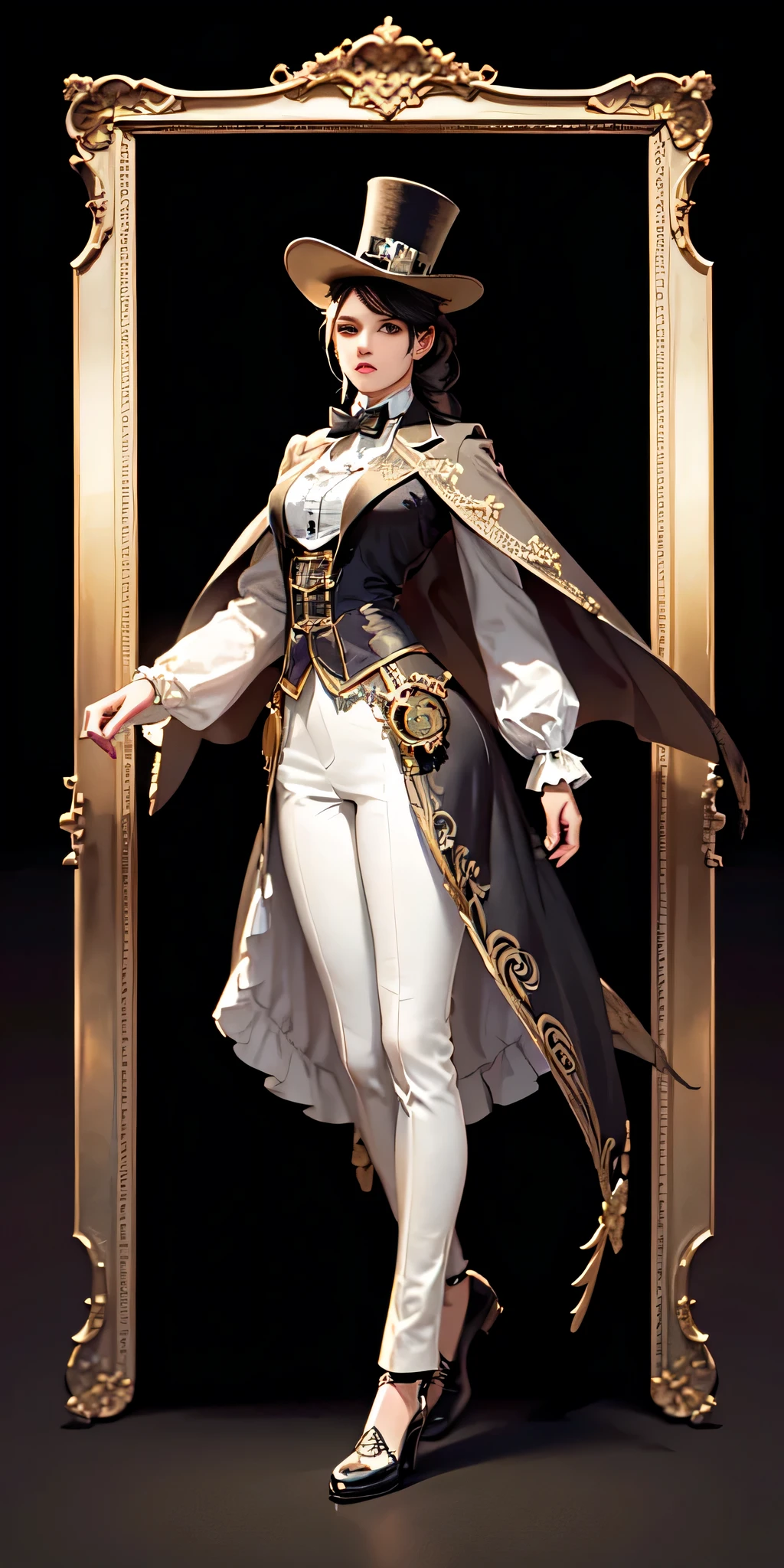 all intricate details: "(medium long shot, full body, 20 years old, white Steampunk Victorian top hat, Natural side lighting, higth contrast, random view)"