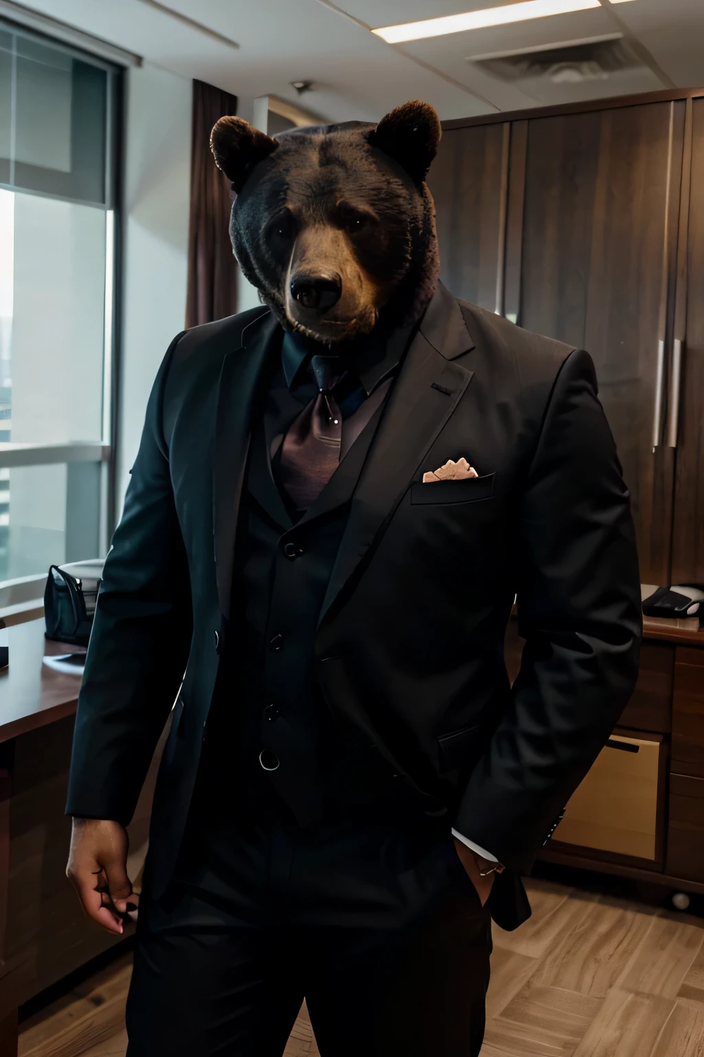 A fierce face, a black bear wearing a suit, ((bear)), dignified, handsome, formidable, a luxurious suit, in an office worth billions.