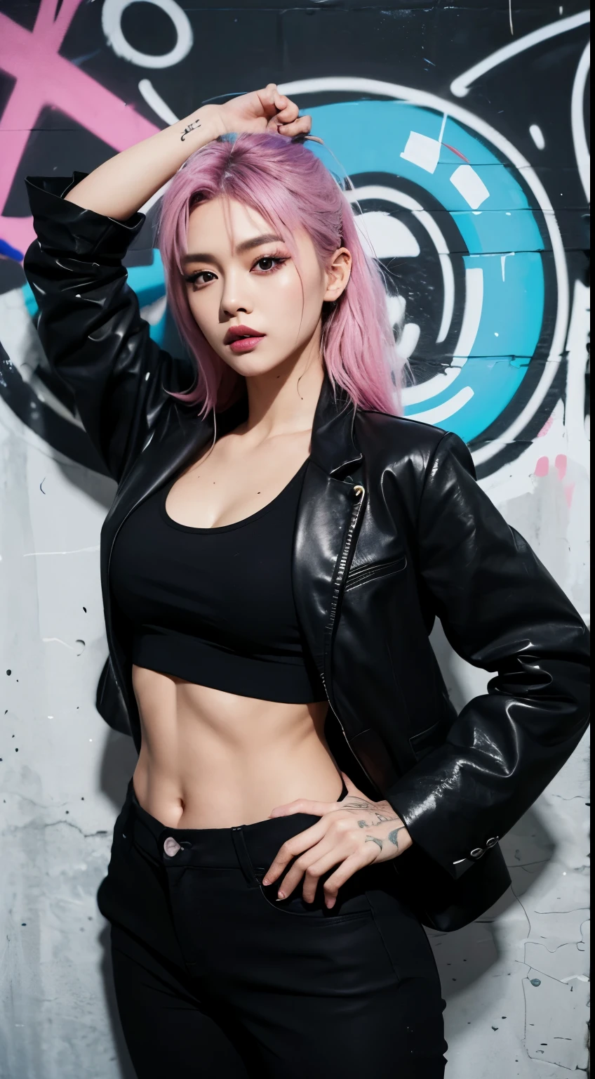 Girl, short pink hair, tattoos on her face, big breasts, exposed stomach, short skirt, tattoo, A tattoo on her hand, and a tattoo on her chest