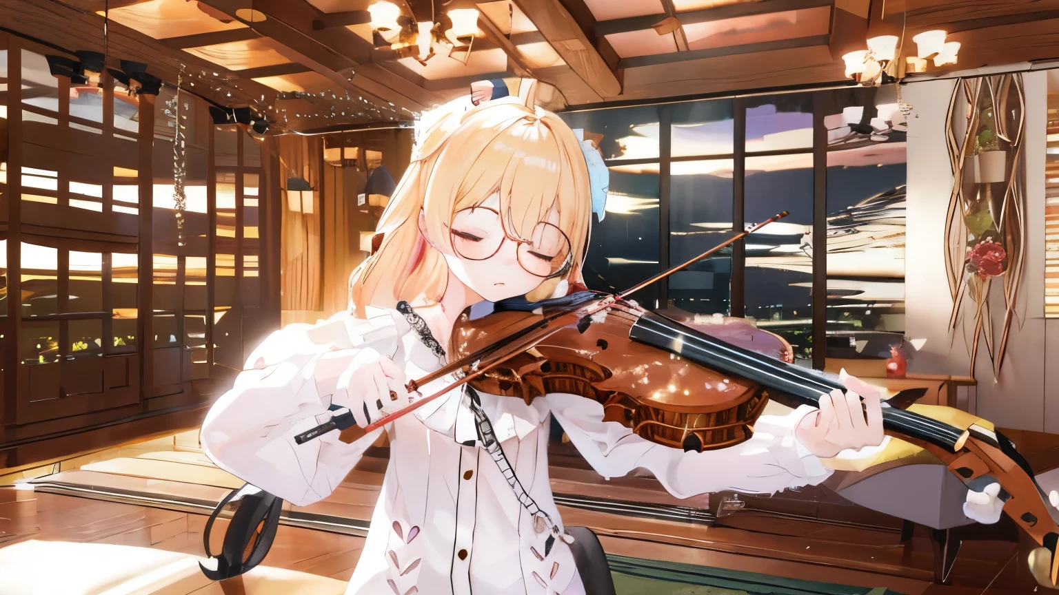 blonde anime girl with round glasses playing violin in a living room, have cute brown dog ears, eyes closed, violin, render of a cute 3d anime girl, anime styled 3d, hanayamata, small curvy , realistic anime 3 d style, 3d anime girl, anime moe artstyle, vrchat, , anime style. 8k, stylized anime, render of april, shikamimi,