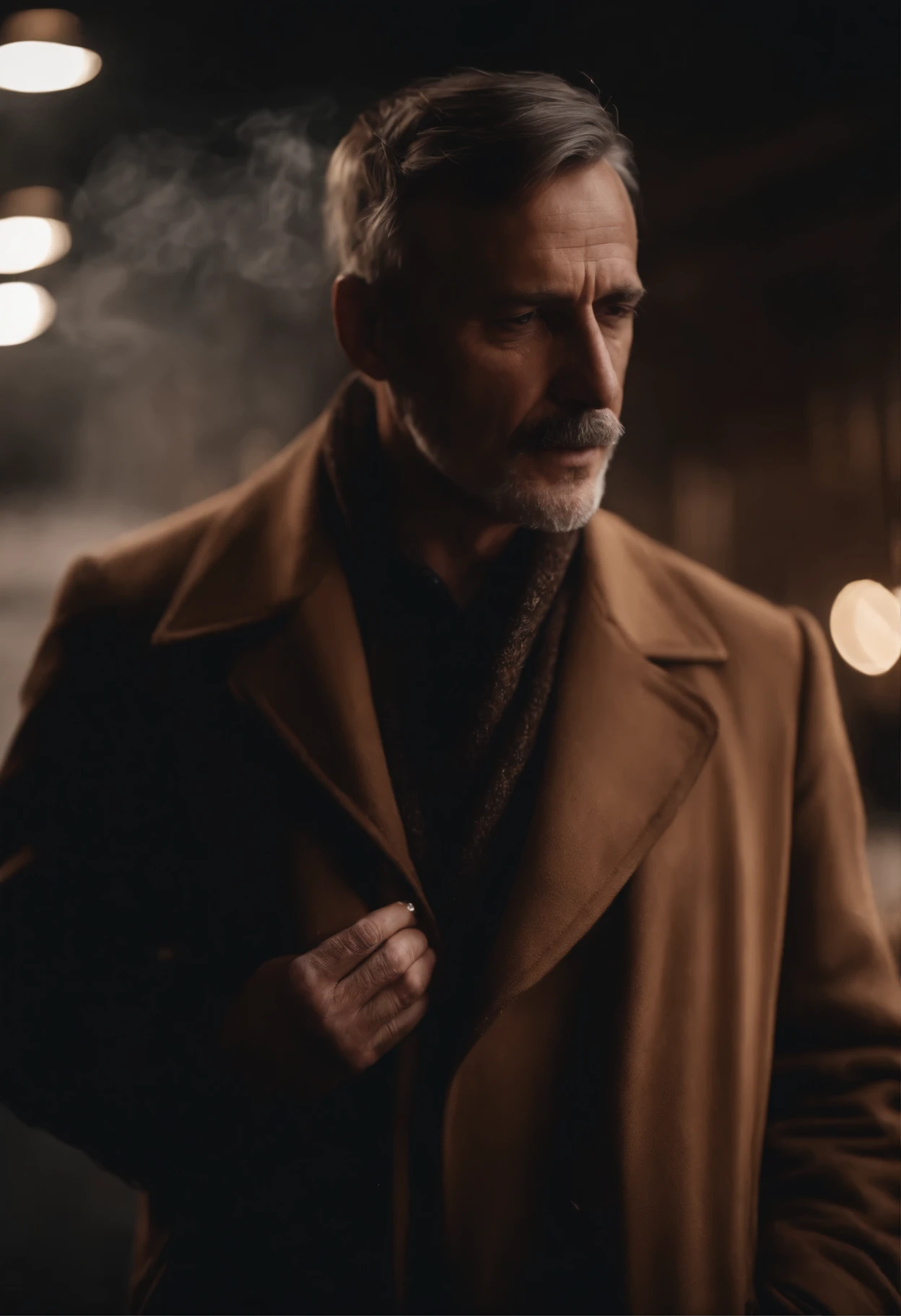 Portrait of a father smoking cigarette and wearing brown colour coat 