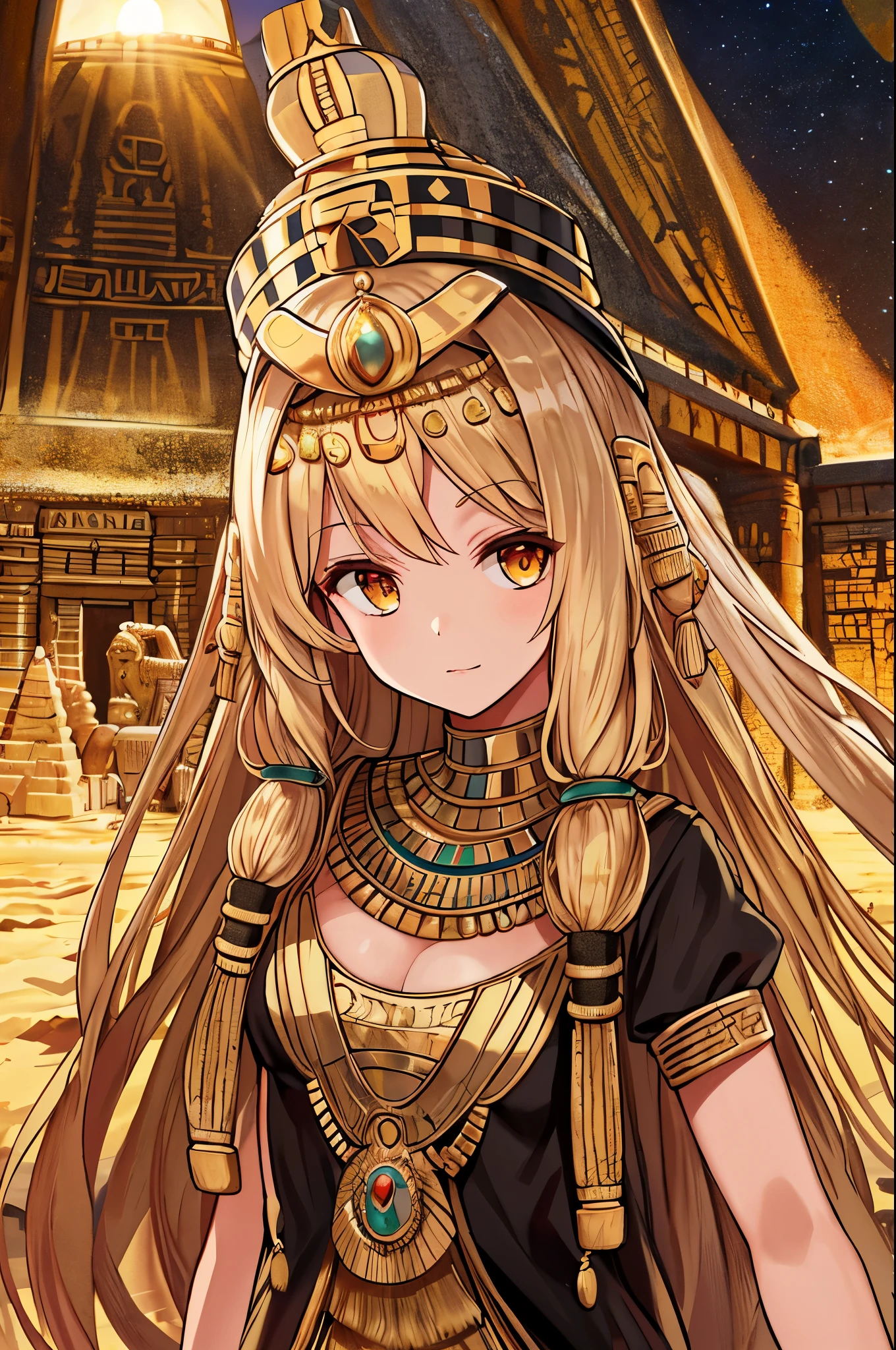 3000-year-old , ancient Egyptian attire, golden crown, intricately woven headdress, long curly locks, youthful face, serious expression, desert backdrop, sun setting beyond pyramids, hieroglyphics inscriptions, masterpiece, high resolution, detailed textures, vibrant colors, brought to life in this magnificent portrait.