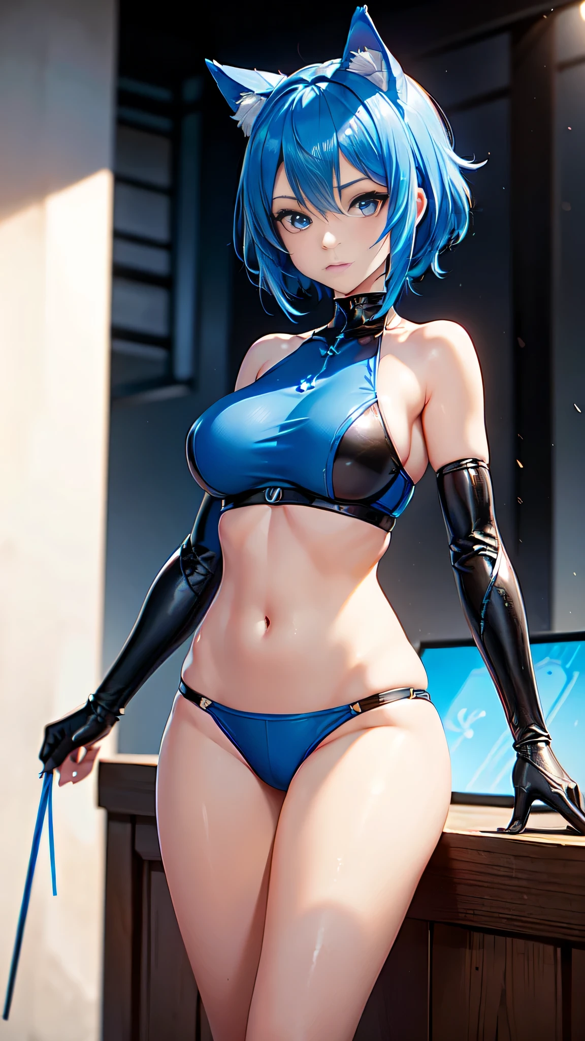 intrincate details: "(a video game character in an anime style has big blue eyes and blue hair, 1girl, blue hair, breasts, beak of pocky animal ears, looking at viewer, blue eyes, short hair, armor)"