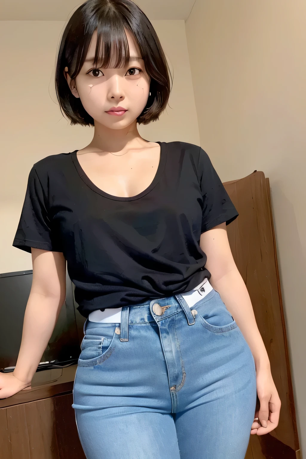 (narrow eyes:1.4), frontal shot , From the middle , (black eye), (japanese woman), 1 girl, (very small eyes:1.4), very beautiful 17 year old girl, beautiful breasts:1.5, (highly detailed eyes:1.2), (beautiful breasts:1.1), short hair, bangs, (thick legs, huge hips, thick thighs), perfect skin, Fair skin, (white teeth), tight waist, light blush, alone, looking at the viewer, look of despair, (I almost cry:1.4), shed tears, (White Round Neck T-Shirt), ( Blue Short Jeans:1.2)