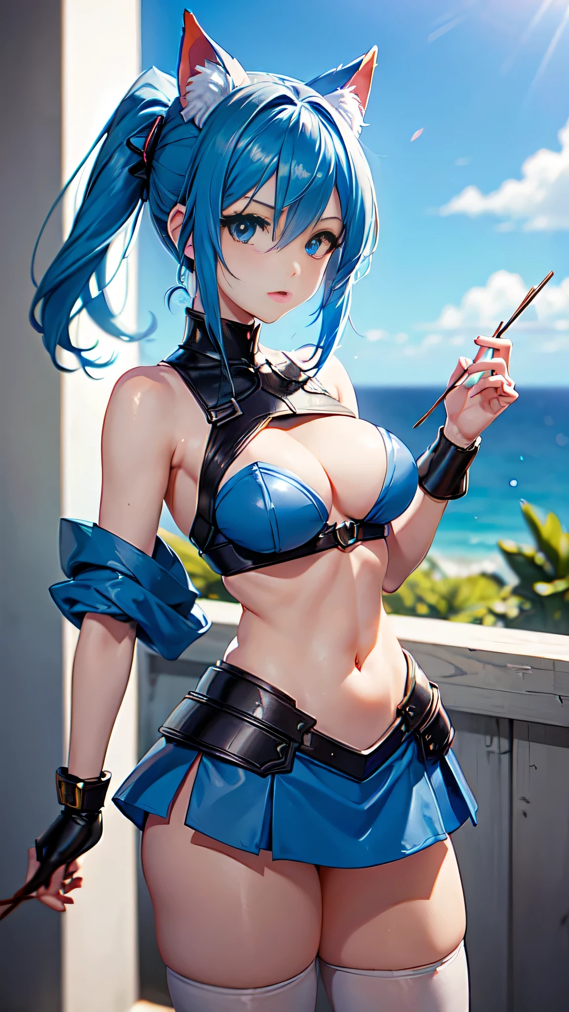 intrincate details: "(a video game character in an anime style has big blue eyes and blue hair, 1girl, blue hair, breasts, beak of pocky animal ears, looking at viewer, blue eyes, short hair, armor)"