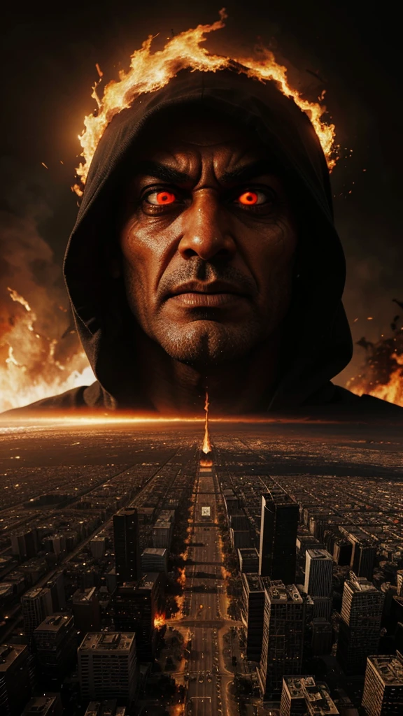 Dajjal,Scary,Big like a giant,Fire filled city background,Ultra detailed,Realistic.