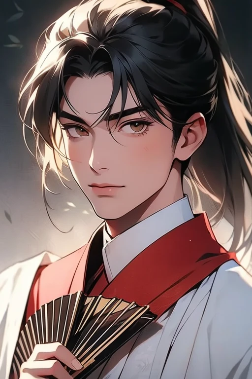 man，Childish face，Black high long ponytail，white robe，A folding fan，Behind the background is a bamboo forest
