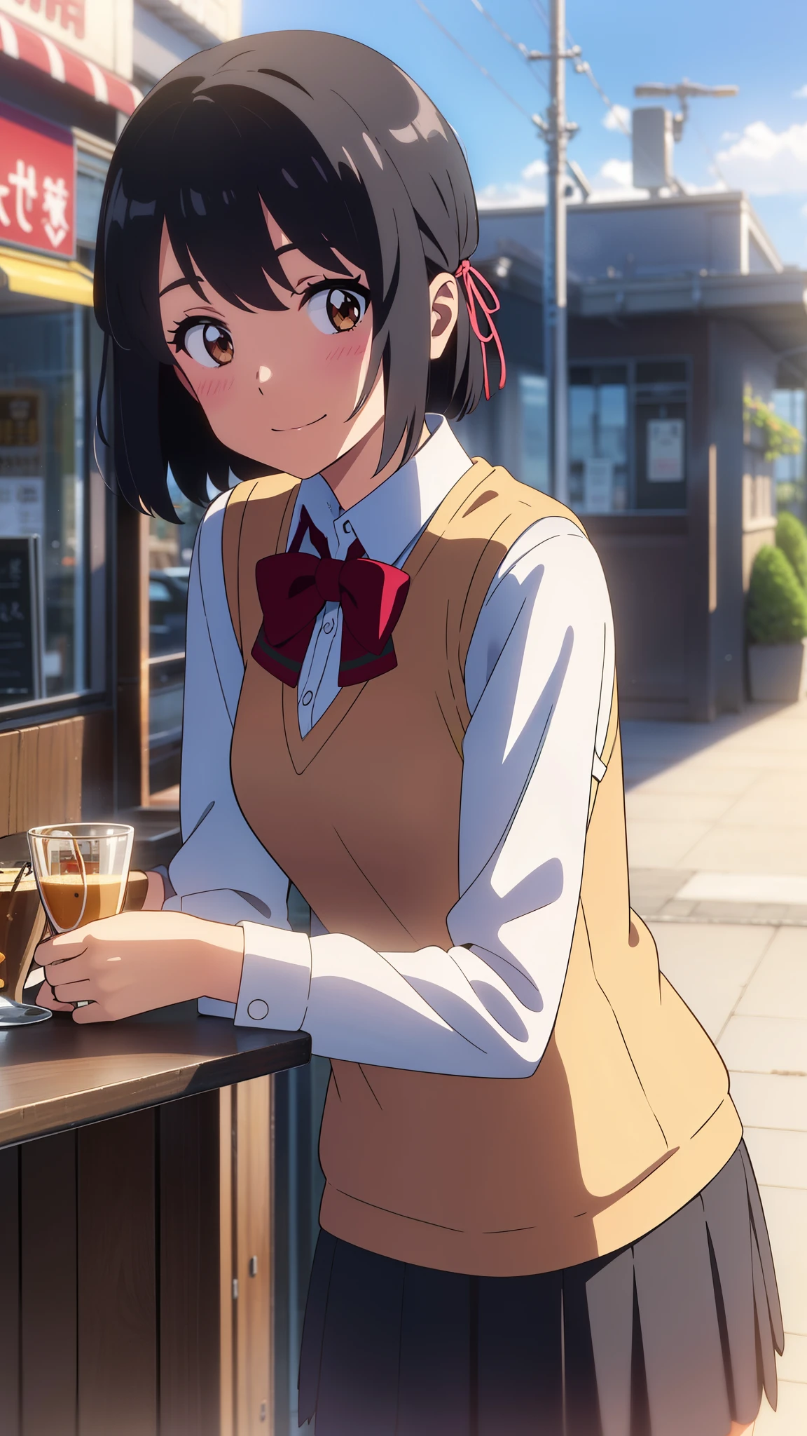 shinkai makoto, kimi no na wa., 1girl, bangs, black hair, blush, bright eyes, brown eyes, red headband, red bow, red ribbon, short hair, smile, cute, beautiful, shiny skin, looking at viewer, solo, White dress shirts, plaid vest, orange vest, skirt, plaid skirt, upper-body, close-up, outdoors, sky, cloudy, streets, cafe