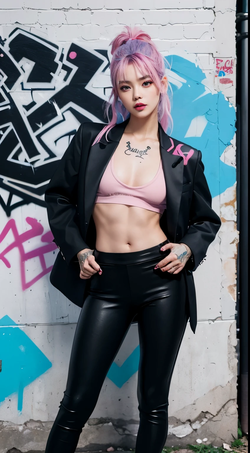 Realistic skin, best quality, Clarity, 4k, 8k, detail, actual, tattoed Girl, Korean makeup, black lips, pink and blue medium mullet hair, Perfect six pack body, stand, pose standing, medium chest, dark blazer top, black legging Pants, Solid graffiti wall background, Graffiti art,