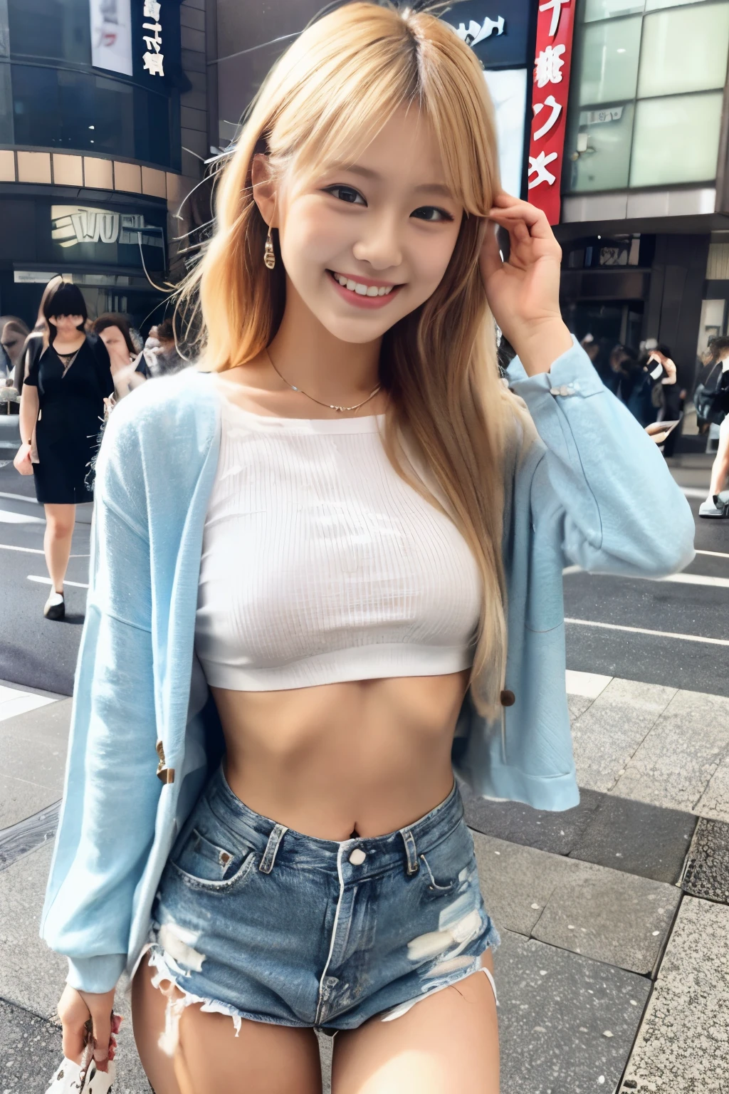 ​1 Japanese beautiful girl,28yo girl, Super beautiful detailed face, (smile:1.4), earrings, (blonde semi-long straight hair with parted bangs:1.6), (Slender body:1.3), (neutral-colored large areola:1.4), (no bra:1.3), (nipples poking through shirt), (nipples), BREAK, masterpiece, best quality, ultra quality, high quality, realistic, photo realistic, RAW photo, hyper detailed, intricate detaile,(cinematic lighting:1.2),ray tracing,((from front)), (medium shot),  BREAK (wearing light gray hoodie and sweat pants:1.3),Sunlight,sunshine,during daytime, BREAK (shirtlift),7eleven, scenery, indoors, box, tiles, shop, tile floor,(small head),(up hood),