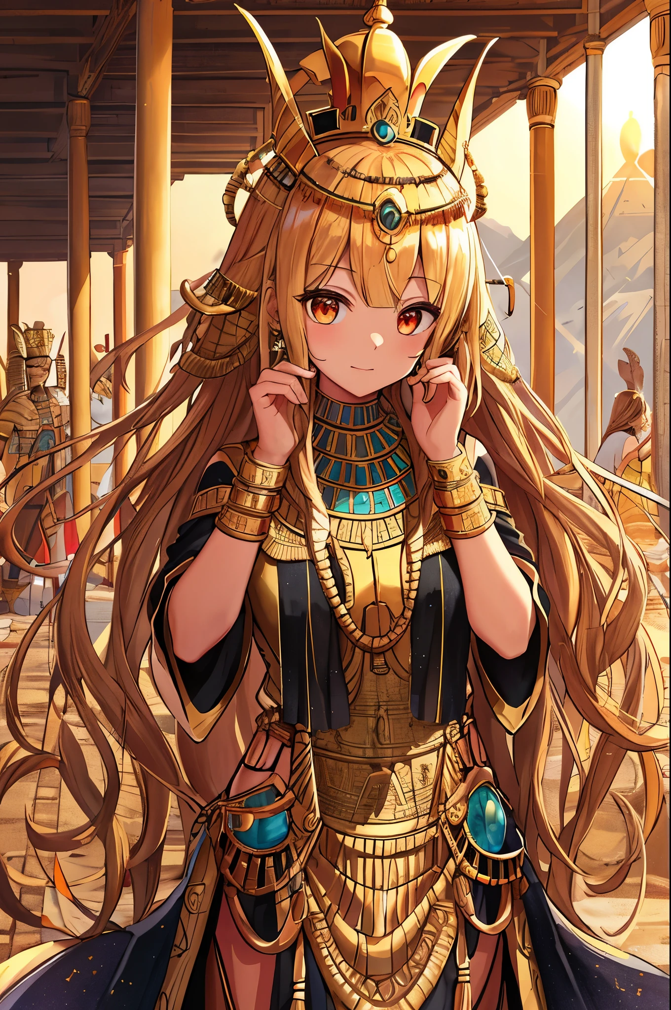 3000-year-old , ancient Egyptian attire, golden crown, intricately woven headdress, long curly locks, youthful face, serious expression, desert backdrop, sun setting beyond pyramids, hieroglyphics inscriptions, masterpiece, high resolution, detailed textures, vibrant colors, brought to life in this magnificent portrait.