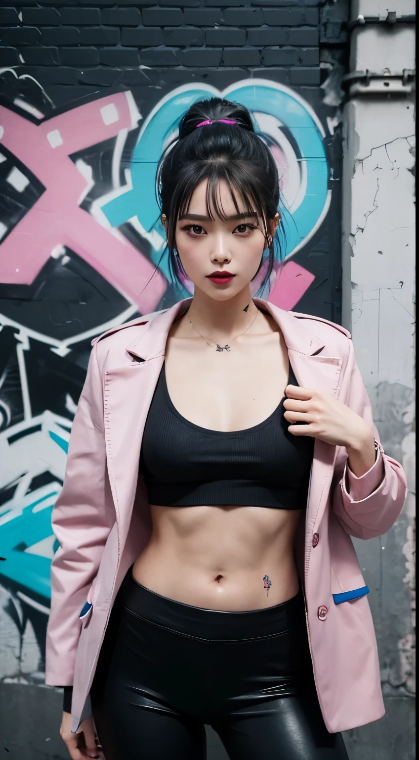 Realistic skin, best quality, Clarity, 4k, 8k, detail, actual, tattoed Girl, Korean makeup, black lips, pink and blue medium mullet hair, Perfect six pack body, stand, pose standing, medium chest, dark blazer top, black legging Pants, Solid graffiti wall background, Graffiti art,